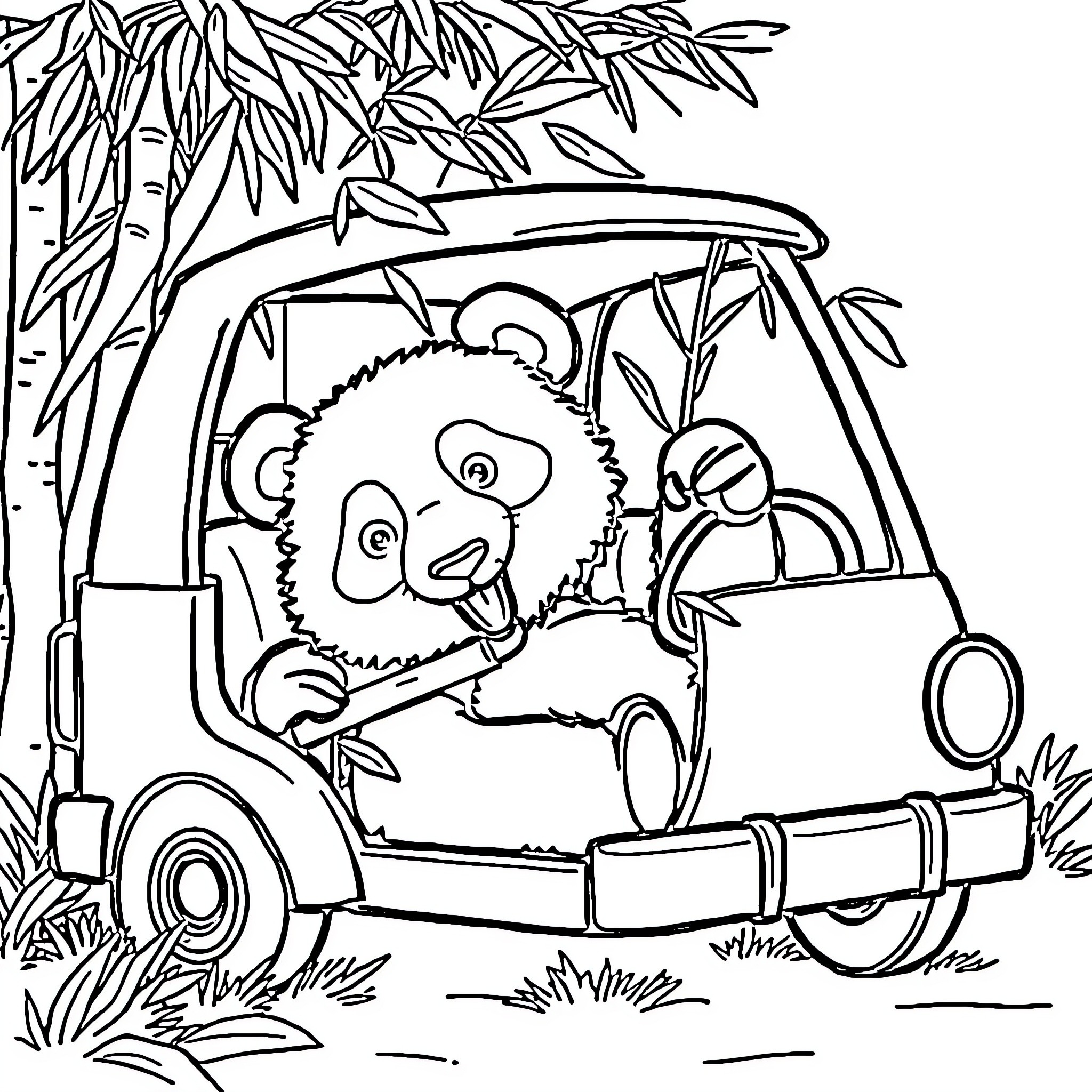 Panda riding a vehicle through the bamboo forest Coloring Page (free black-and-white line drawing printable PDF for all, from beginners to advanced learners, including children, teens, adults, and seniors)
