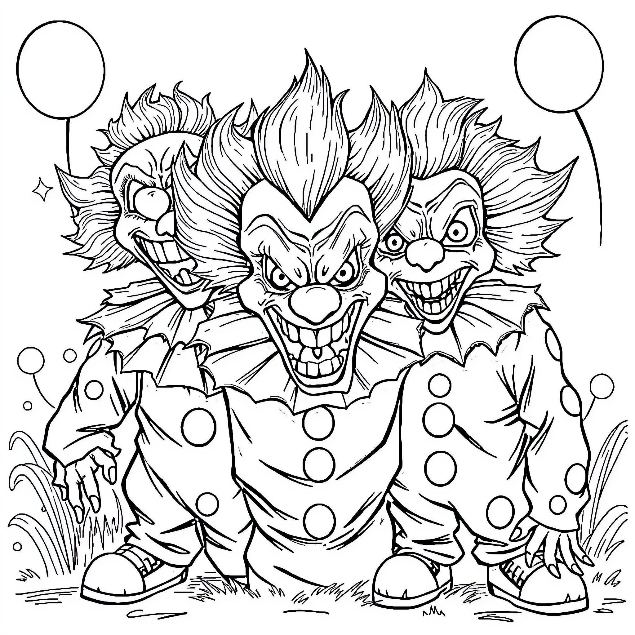 Killer Klown Mischievous Antics and Garish Garb Coloring Page (free black-and-white line drawing printable PDF for all, from beginners to advanced learners, including children, teens, adults, and seniors)