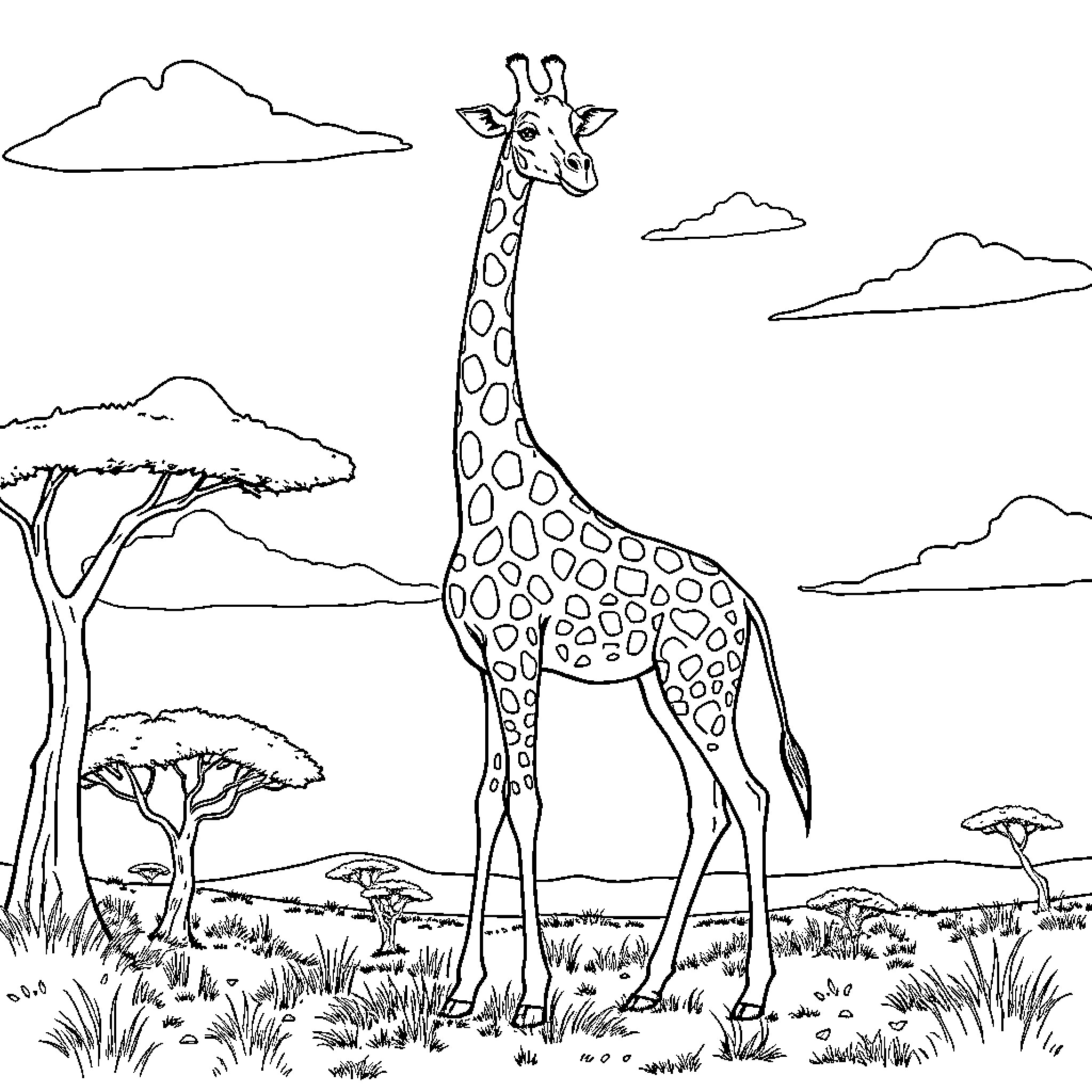 Giraffe standing tall in the African landscape Coloring Page (free black-and-white line drawing printable PDF for all, from beginners to advanced learners, including children, teens, adults, and seniors)
