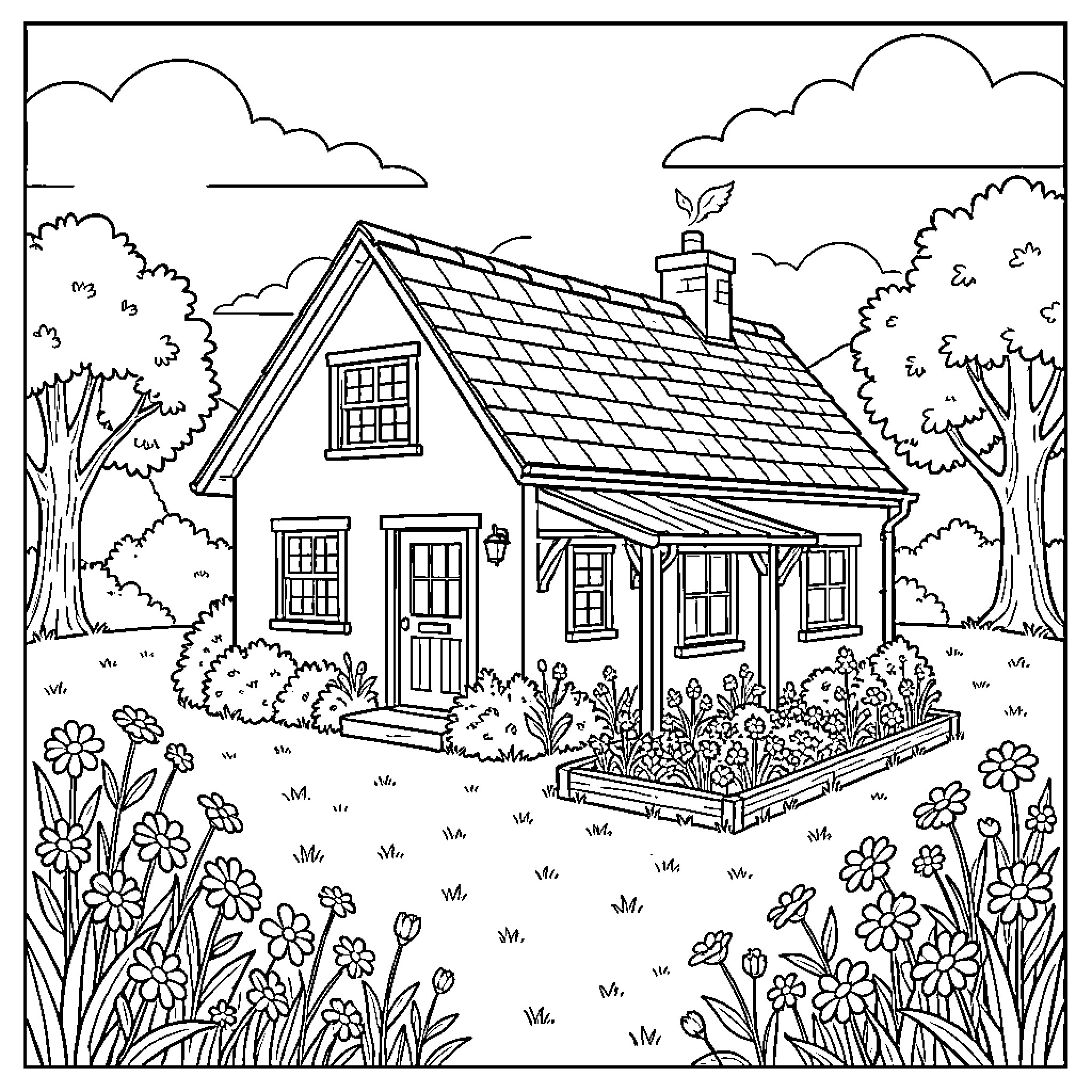 Cottagecore scene featuring a cozy house and flower garden Coloring Page (free black-and-white line drawing printable PDF for all, from beginners to advanced learners, including children, teens, adults, and seniors)