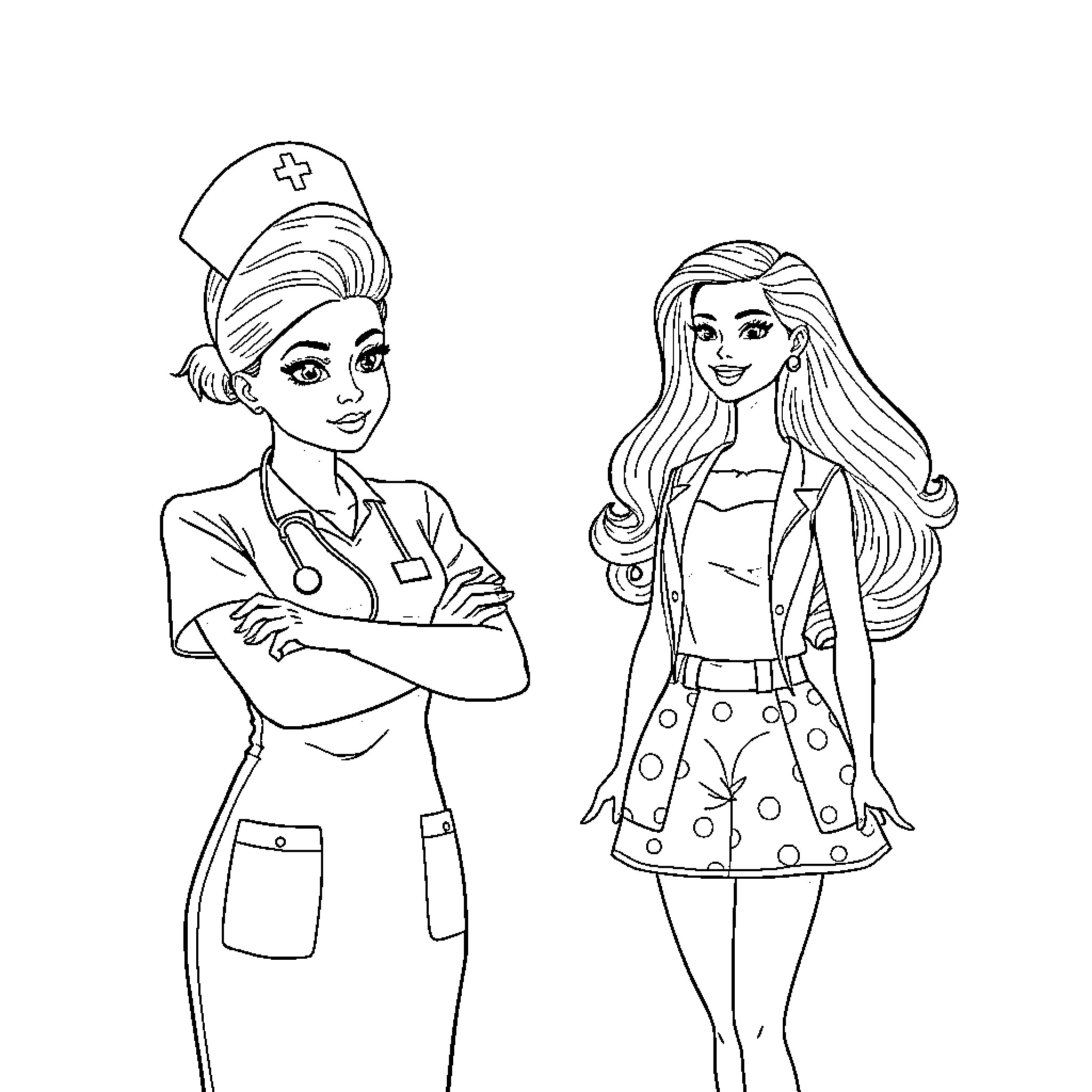 Nurse and Young Woman in Casual Outfit Coloring Page (free black-and-white line drawing printable PDF for all, from beginners to advanced learners, including children, teens, adults, and seniors)