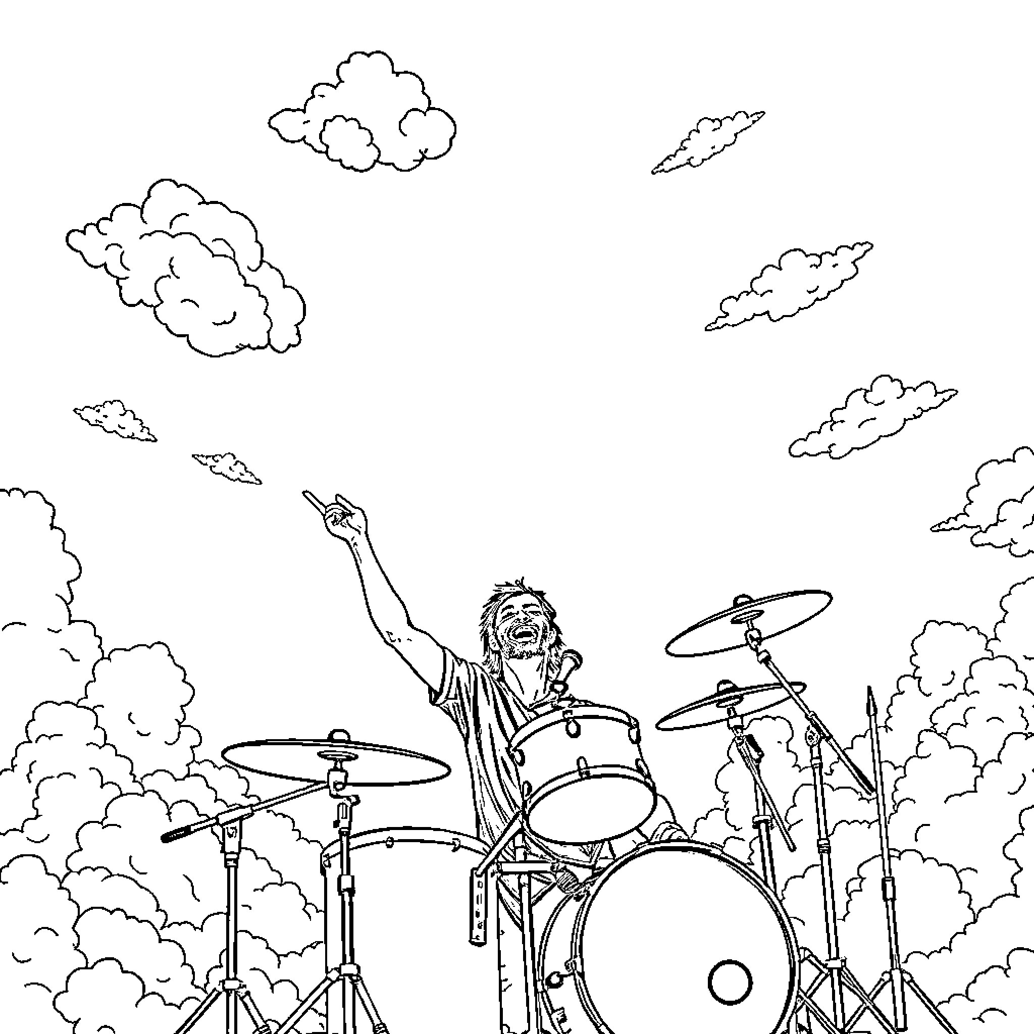 Neil Peart drumming passionately on stage Coloring Page (free black-and-white line drawing printable PDF for all, from beginners to advanced learners, including children, teens, adults, and seniors)