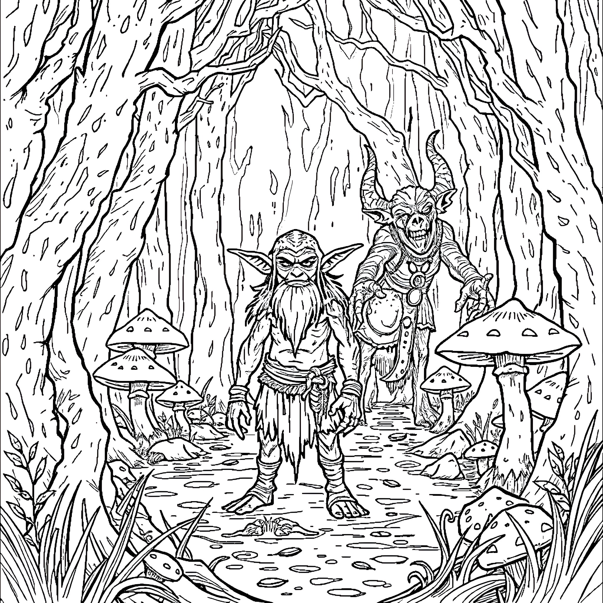 Goblin Companions in Enchanted Forest Coloring Page (free black-and-white line drawing printable PDF for all, from beginners to advanced learners, including children, teens, adults, and seniors)