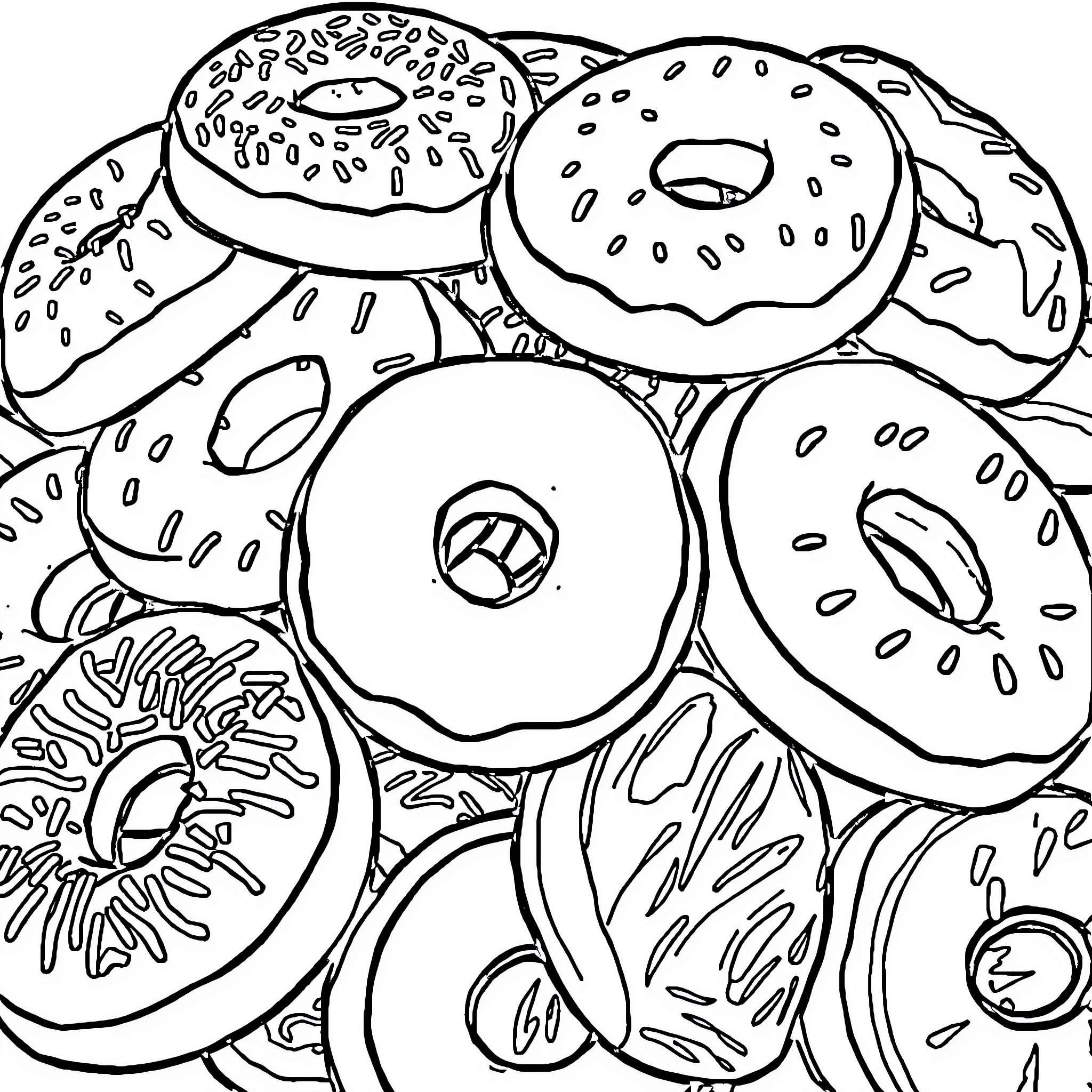 Donut Delight - A Sweet Arrangement Coloring Page (free black-and-white line drawing printable PDF for all, from beginners to advanced learners, including children, teens, adults, and seniors)