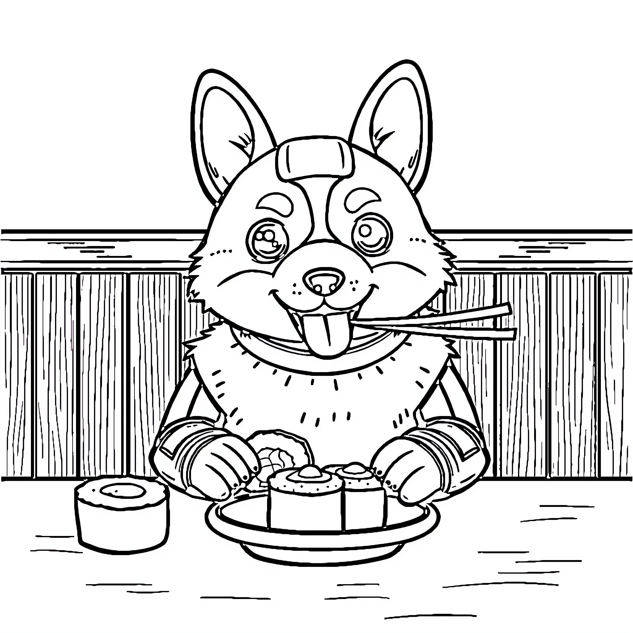 Robot Corgi enjoying sushi Coloring Page (free black-and-white line drawing printable PDF for all, from beginners to advanced learners, including children, teens, adults, and seniors)