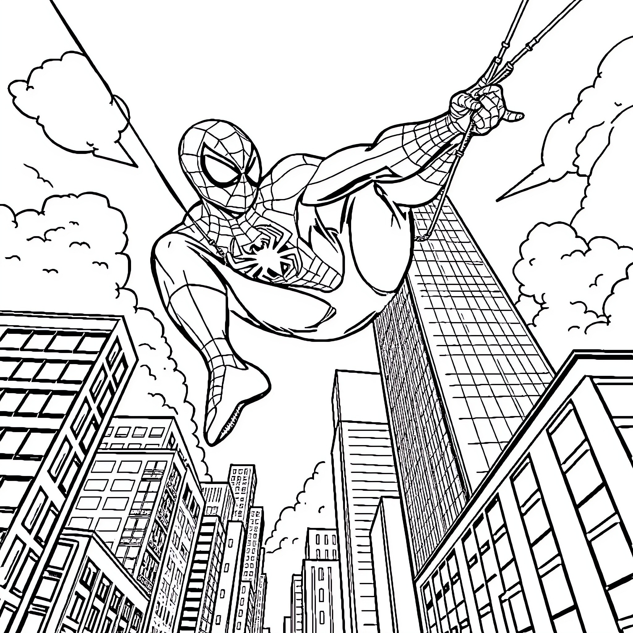 Spiderman swinging through the city skyline Coloring Page (free black-and-white line drawing printable PDF for all, from beginners to advanced learners, including children, teens, adults, and seniors)