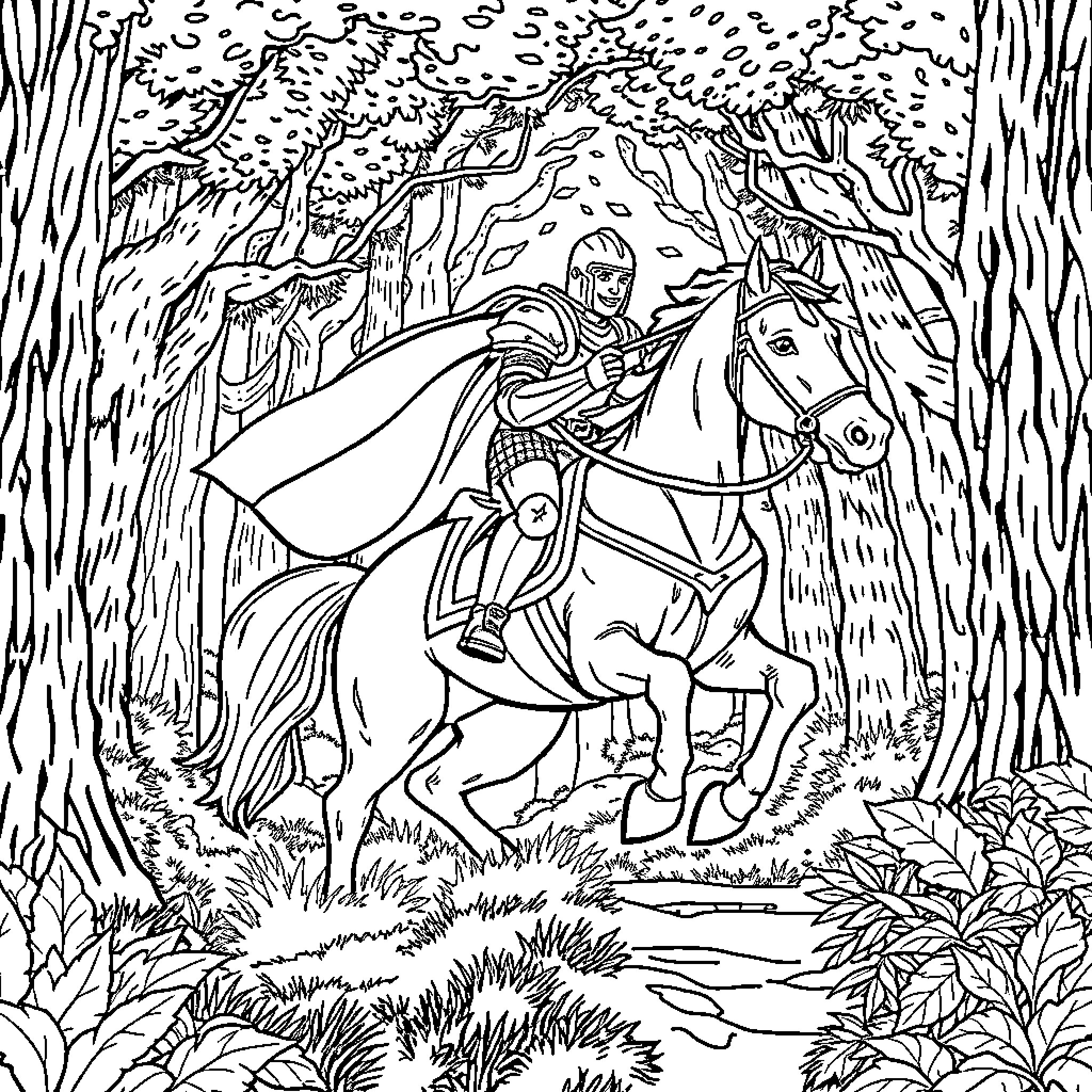 Knight Rider journeying through the enchanted forest Coloring Page (free black-and-white line drawing printable PDF for all, from beginners to advanced learners, including children, teens, adults, and seniors)
