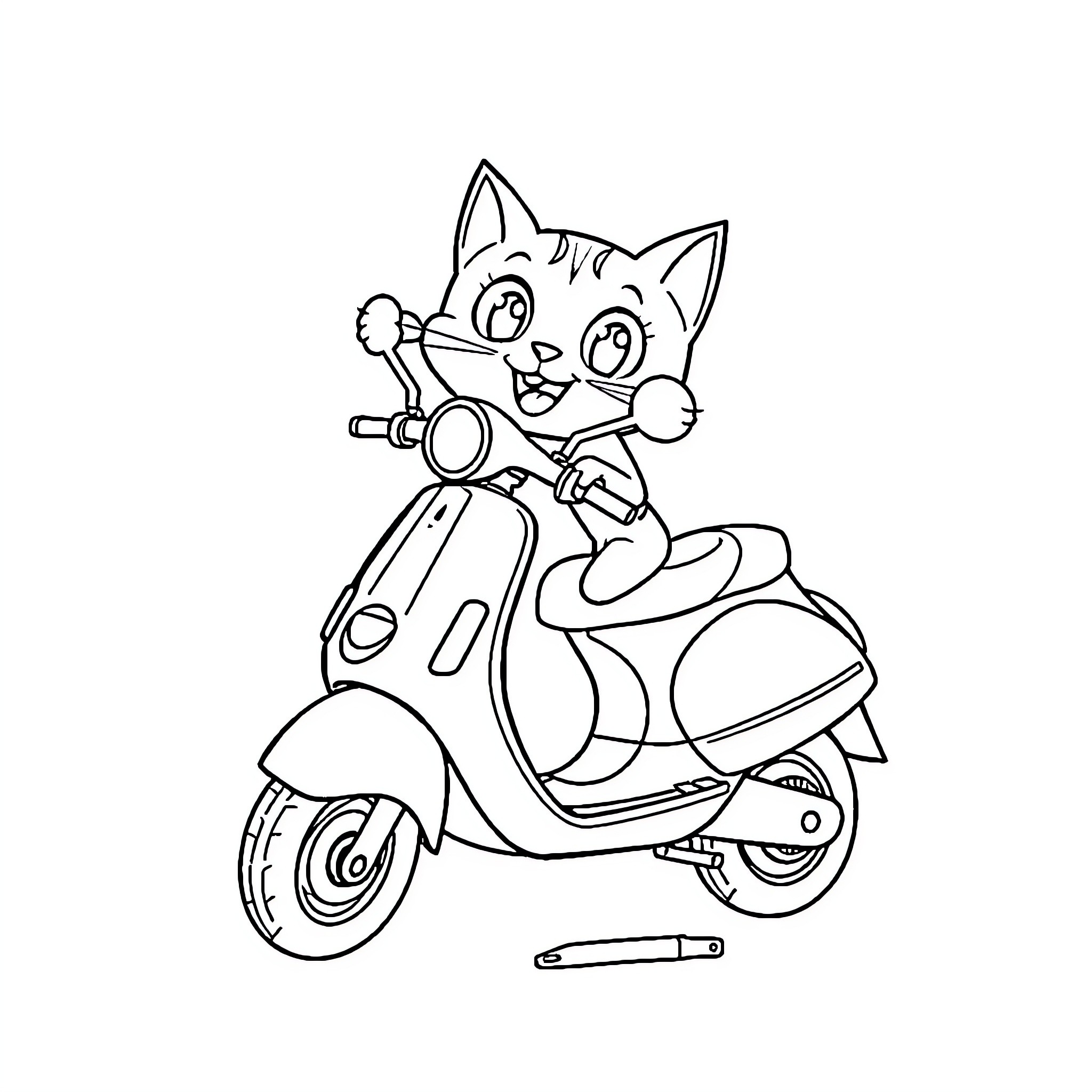 Cat riding scooter with enthusiasm Coloring Page (free black-and-white line drawing printable PDF for all, from beginners to advanced learners, including children, teens, adults, and seniors)