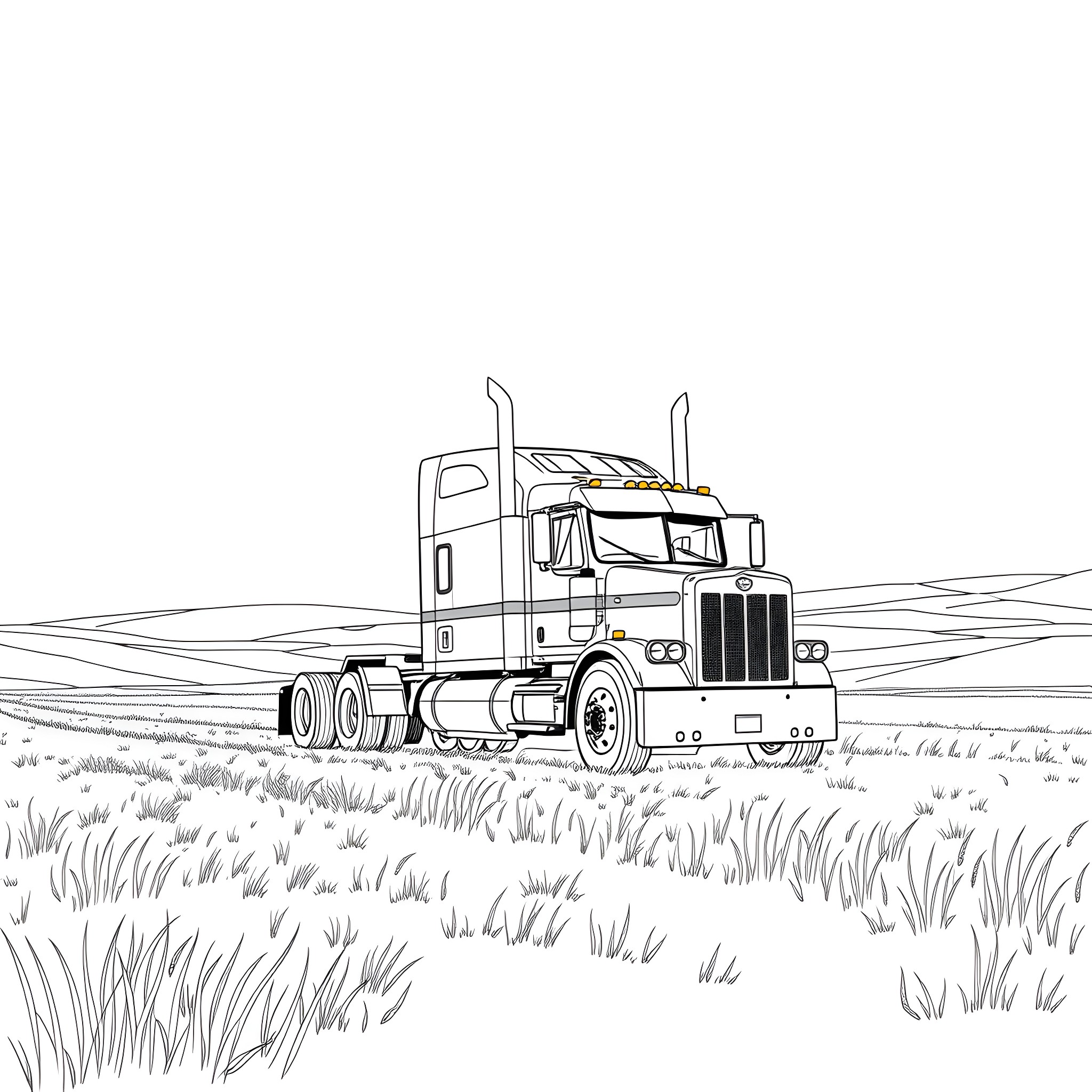 Peterbilt Truck on the open road Coloring Page (free black-and-white line drawing printable PDF for all, from beginners to advanced learners, including children, teens, adults, and seniors)