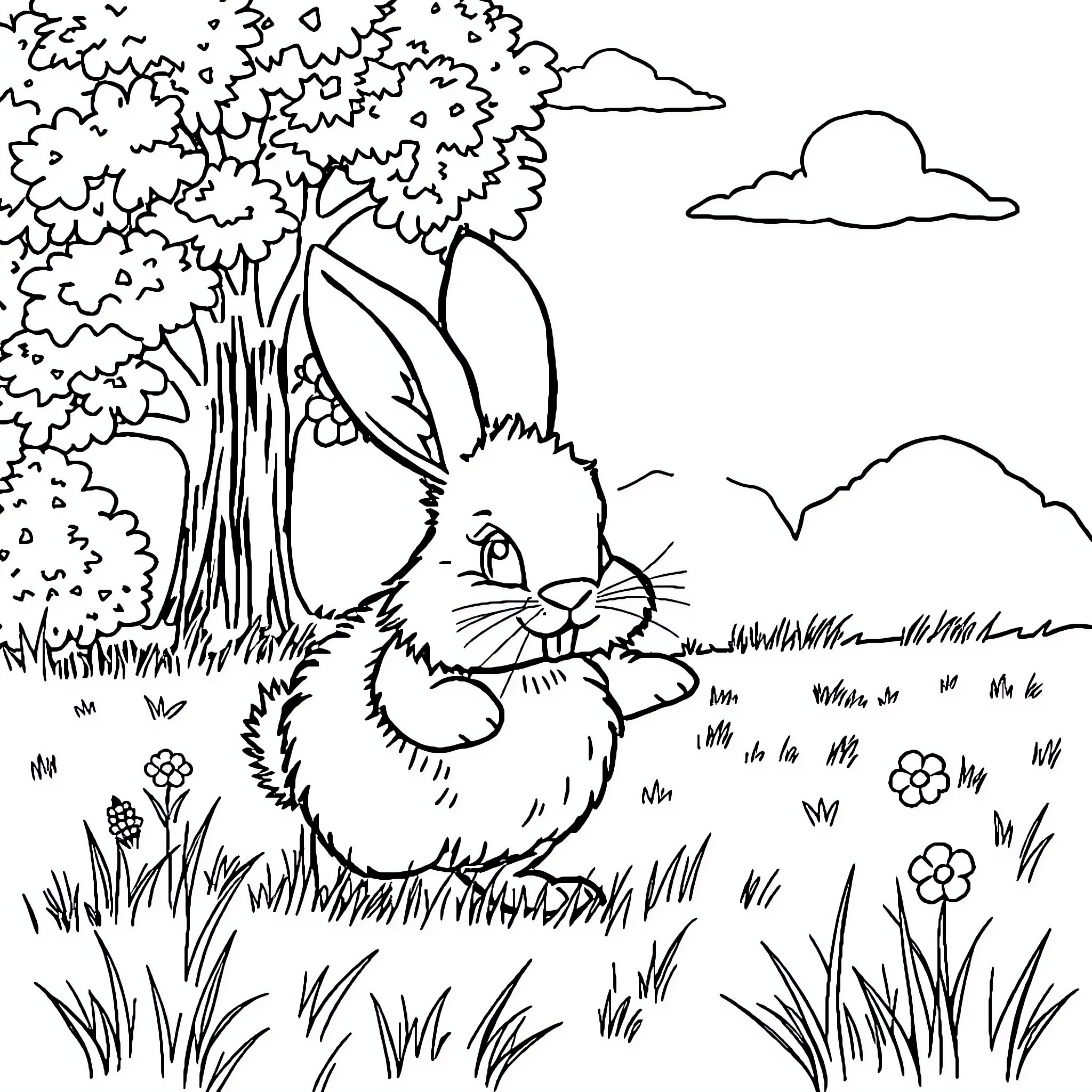 Rabbit sitting in a peaceful forest scene Coloring Page (free black-and-white line drawing printable PDF for all, from beginners to advanced learners, including children, teens, adults, and seniors)