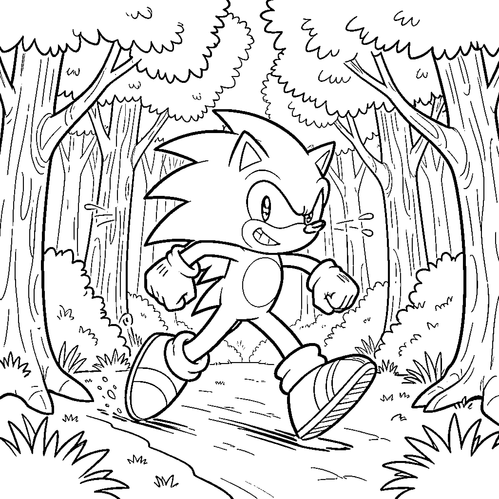 Sonic running determinedly through a dense forest Coloring Page (free black-and-white line drawing printable PDF for all, from beginners to advanced learners, including children, teens, adults, and seniors)