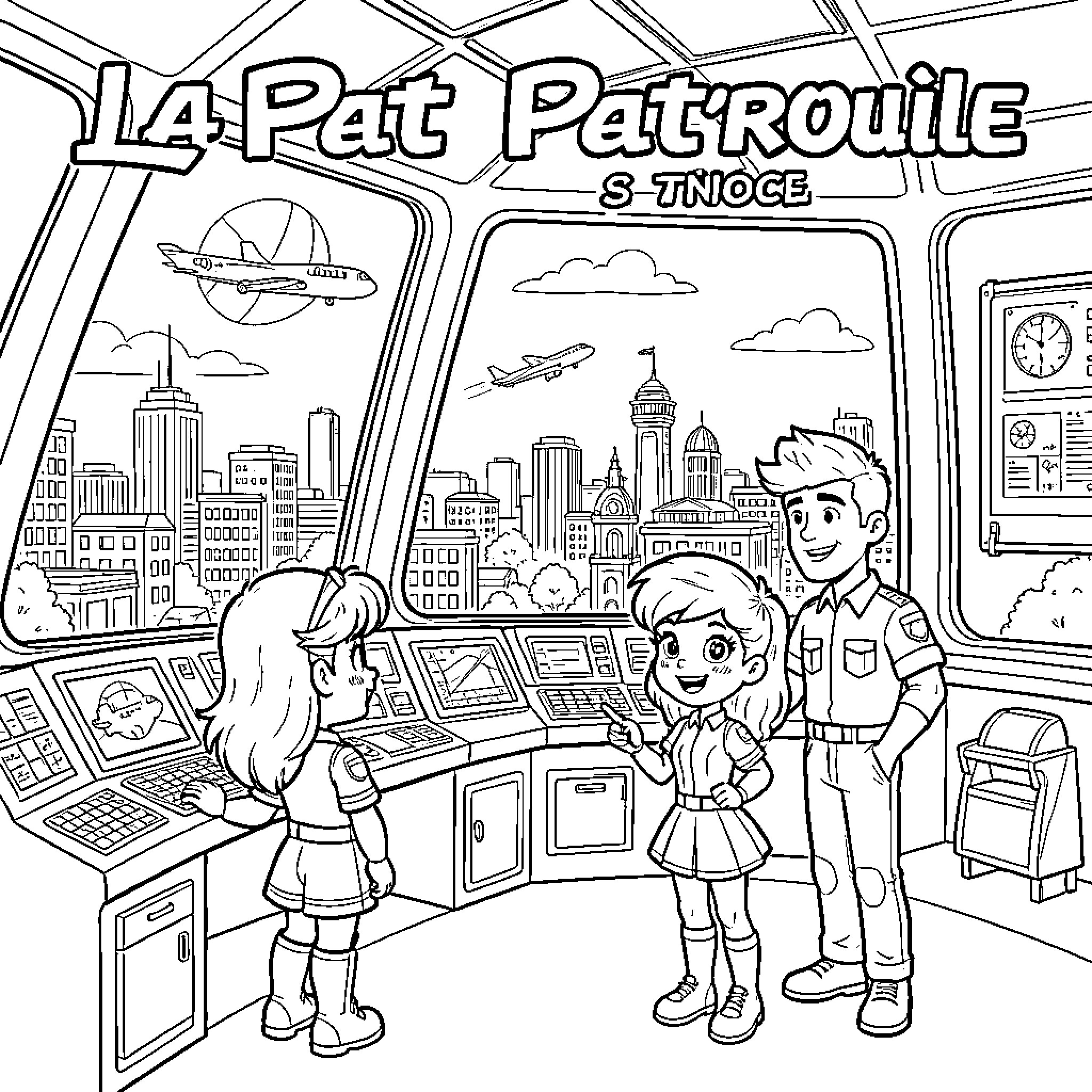Paw Patrol characters operating controls in a cockpit Coloring Page (free black-and-white line drawing printable PDF for all, from beginners to advanced learners, including children, teens, adults, and seniors)