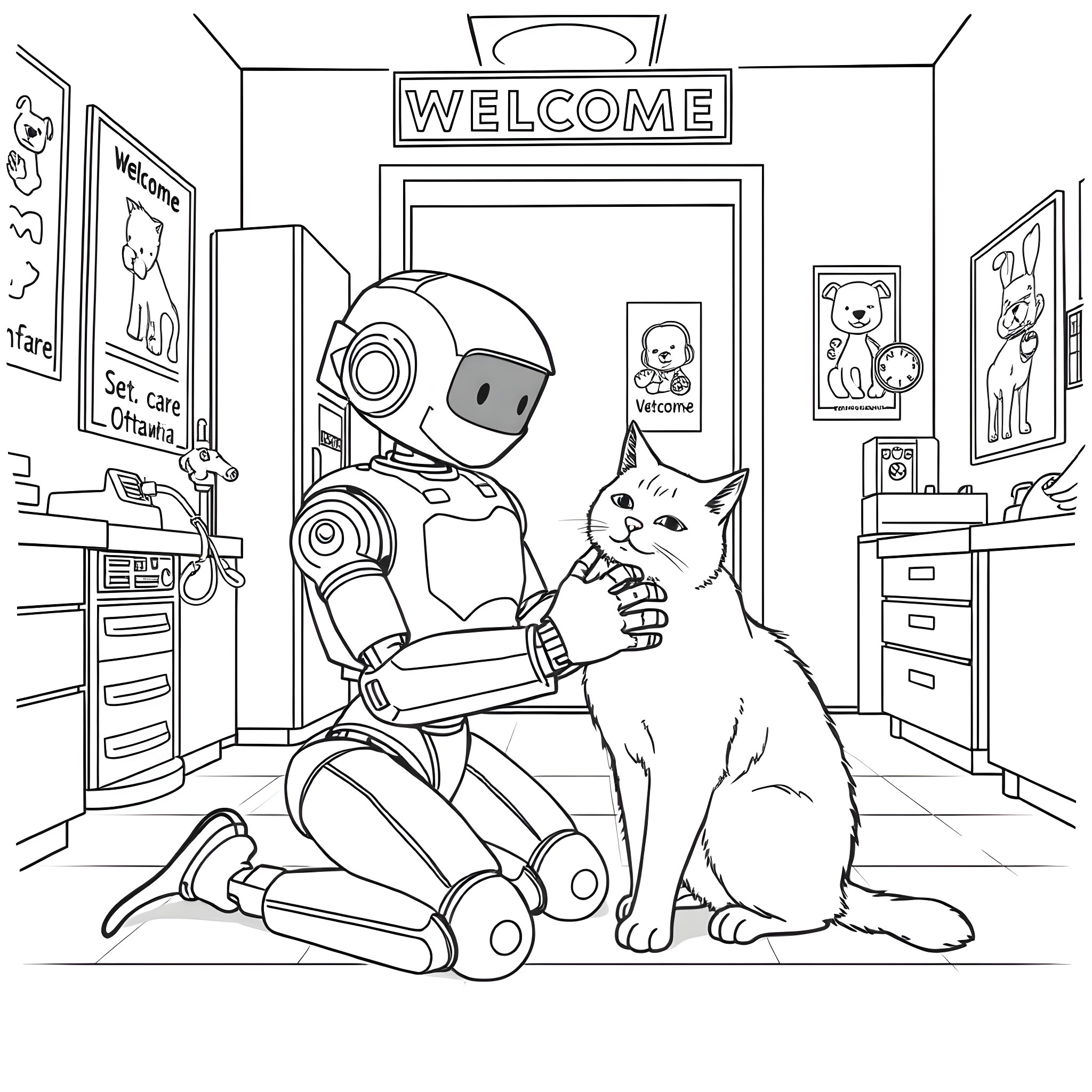 Robot Interacts Playfully with Cat in Welcoming Lobby Coloring Page (free black-and-white line drawing printable PDF for all, from beginners to advanced learners, including children, teens, adults, and seniors)