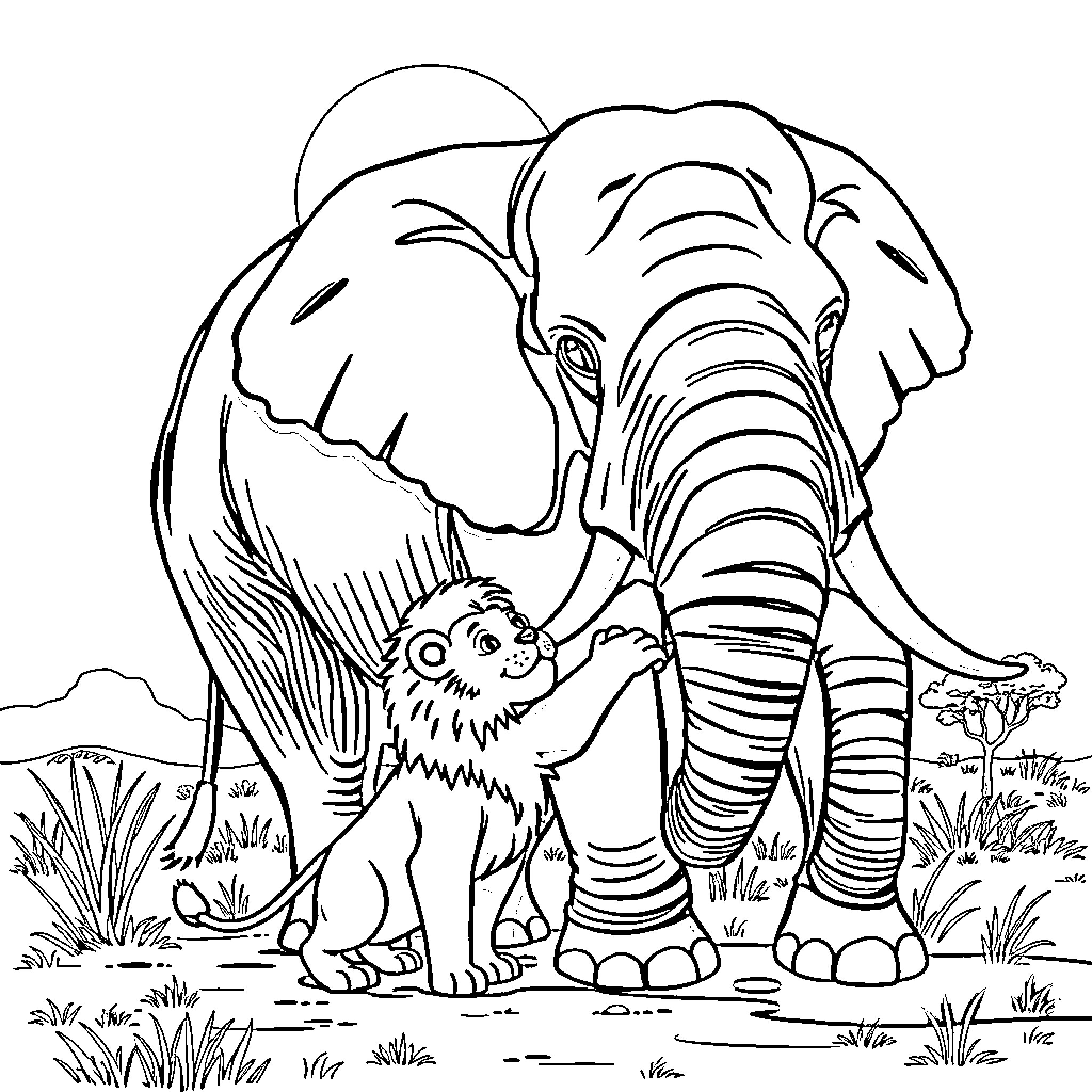 Lion and cub in the wilderness Coloring Page (free black-and-white line drawing printable PDF for all, from beginners to advanced learners, including children, teens, adults, and seniors)