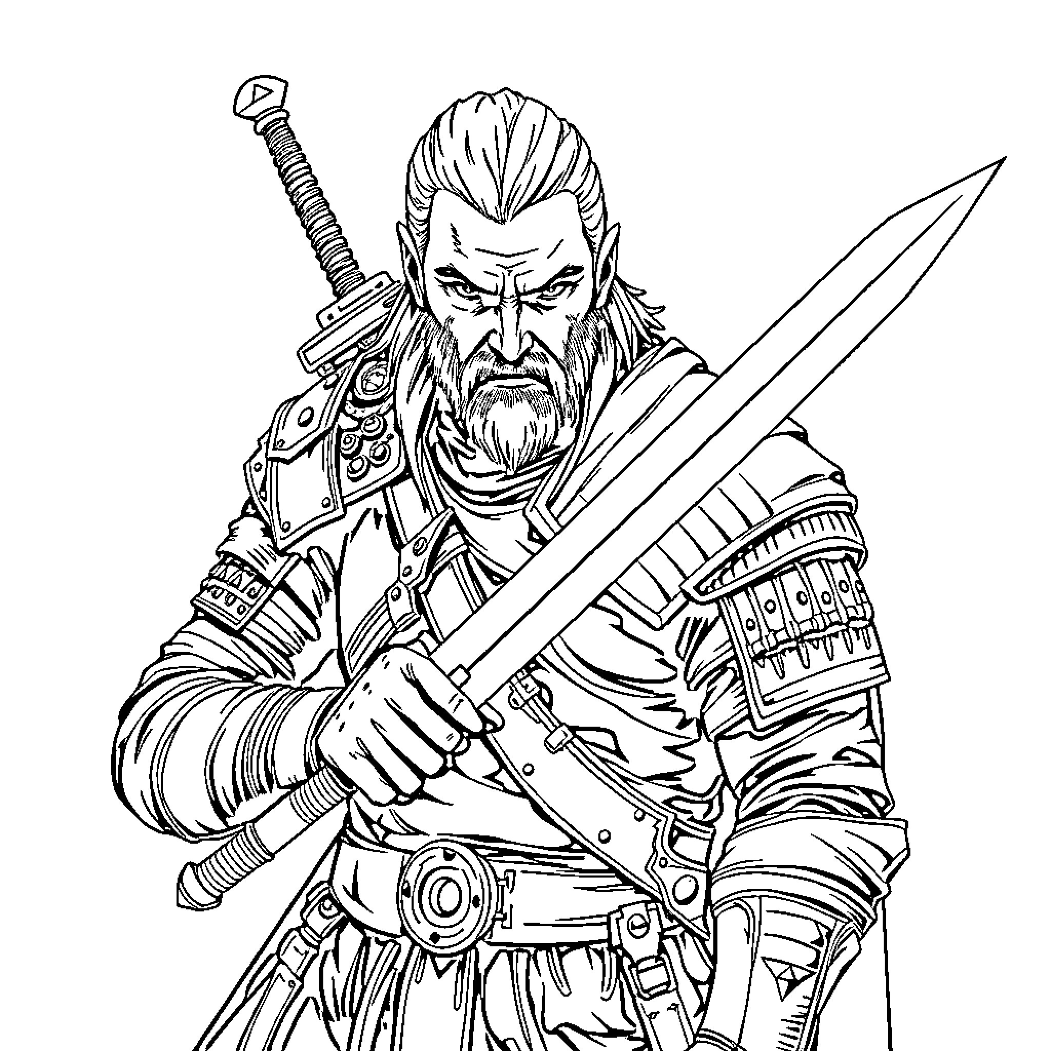Geralt the Witcher wielding his sword with determination Coloring Page (free black-and-white line drawing printable PDF for all, from beginners to advanced learners, including children, teens, adults, and seniors)