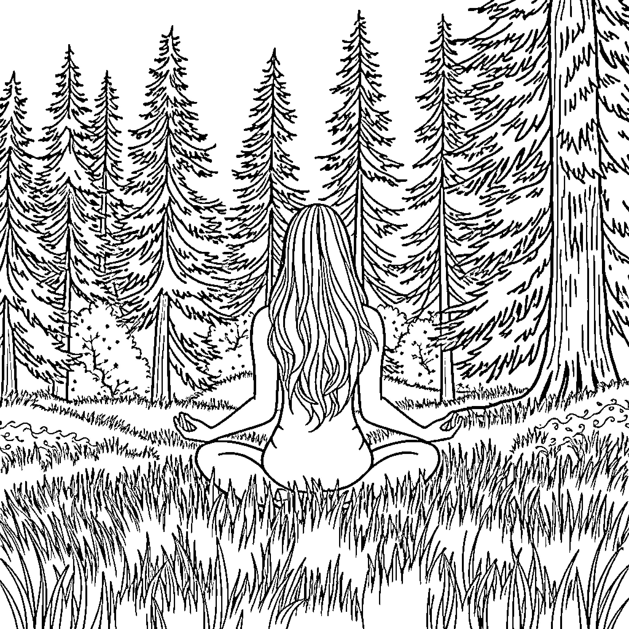 Woman in meditative pose in serene forest Coloring Page (free black-and-white line drawing printable PDF for all, from beginners to advanced learners, including children, teens, adults, and seniors)