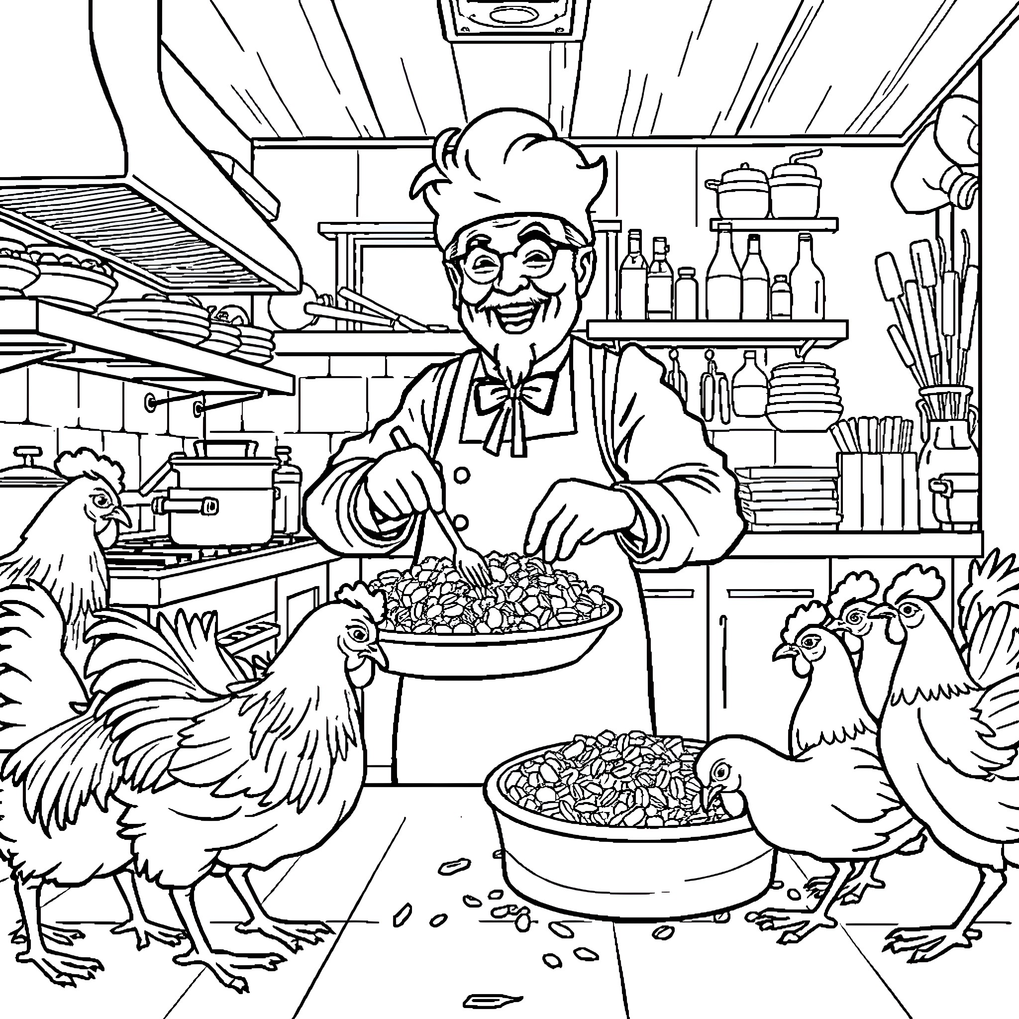 Colonel Sanders Prepares Meals for Chickens in the Kitchen Coloring Page (free black-and-white line drawing printable PDF for all, from beginners to advanced learners, including children, teens, adults, and seniors)