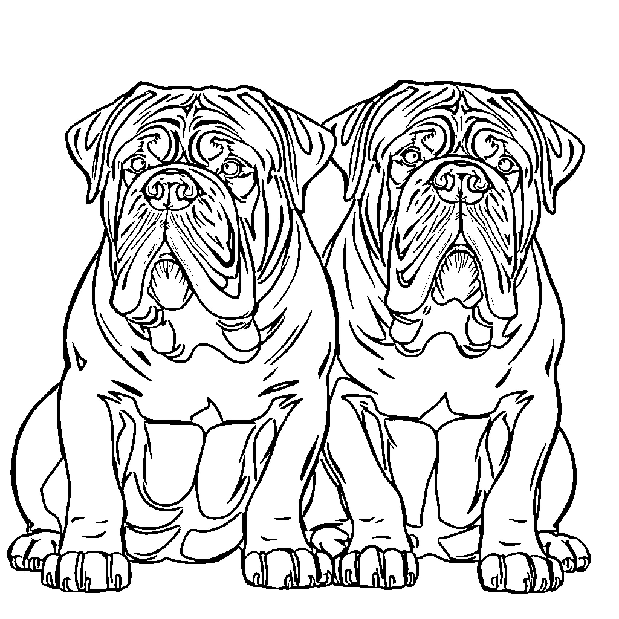 Bullmastiff duo in playful posture Coloring Page (free black-and-white line drawing printable PDF for all, from beginners to advanced learners, including children, teens, adults, and seniors)