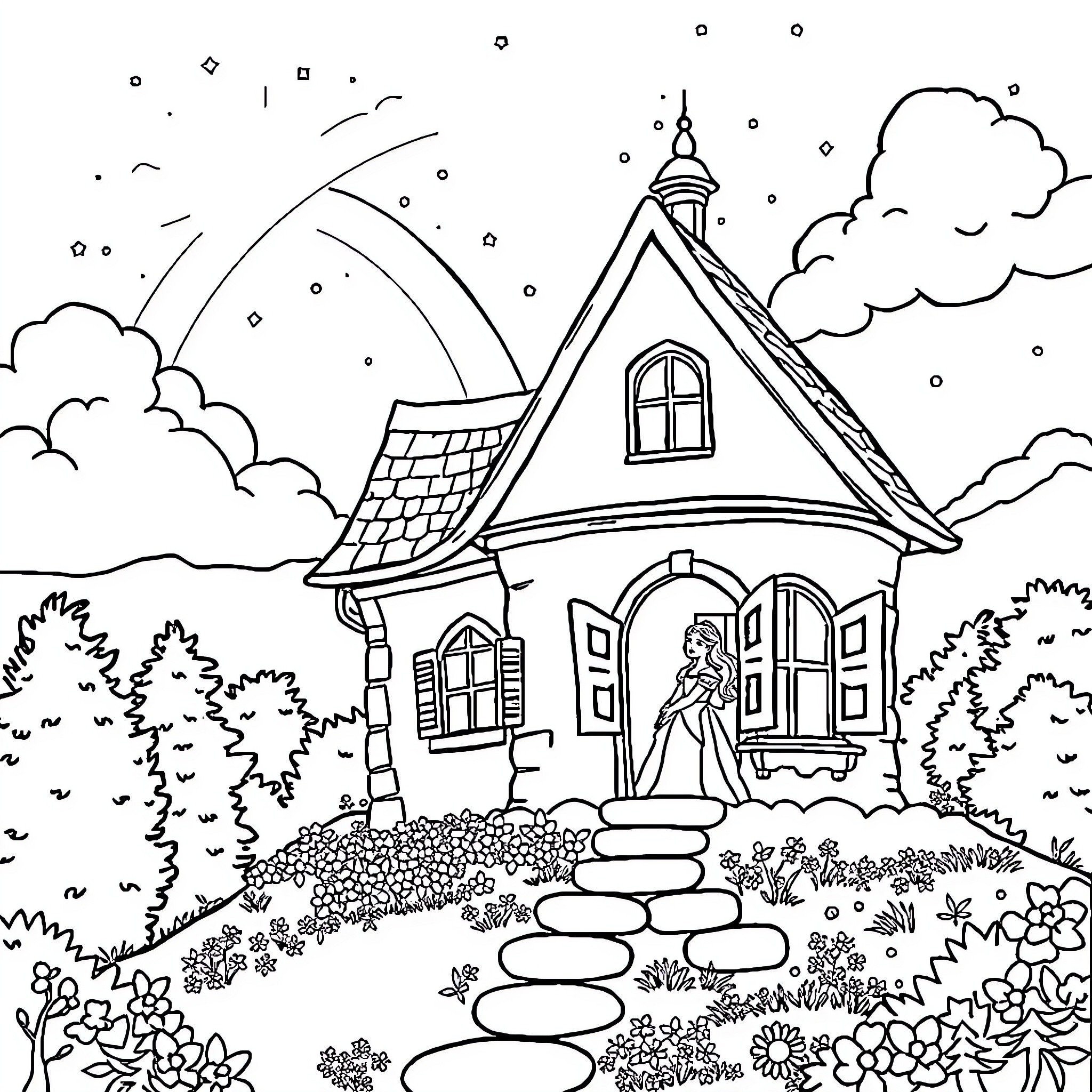 House with detailed architectural features in a scenic outdoor setting Coloring Page (free black-and-white line drawing printable PDF for all, from beginners to advanced learners, including children, teens, adults, and seniors)