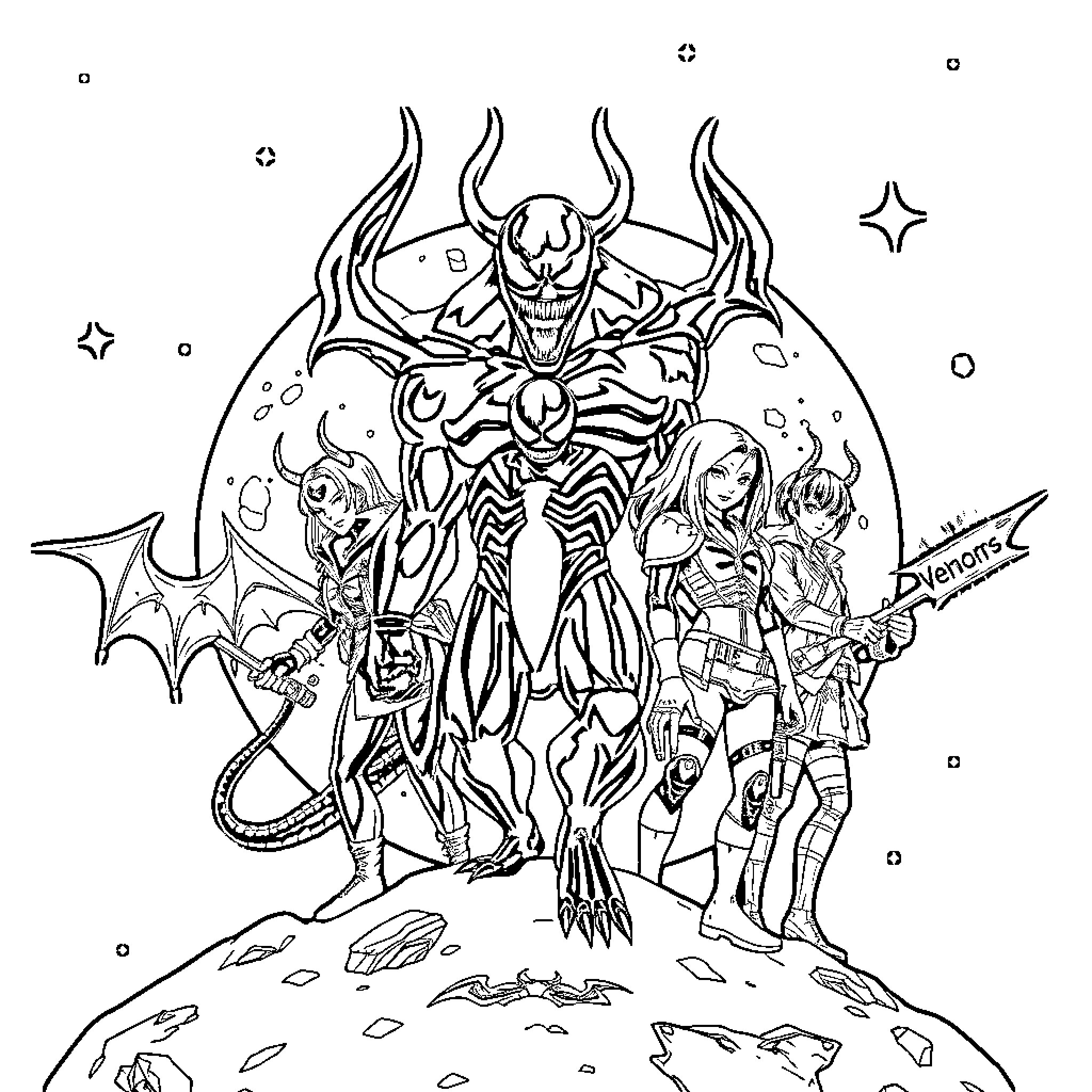Venom Symbiote and its Heroic Hosts Coloring Page (free black-and-white line drawing printable PDF for all, from beginners to advanced learners, including children, teens, adults, and seniors)