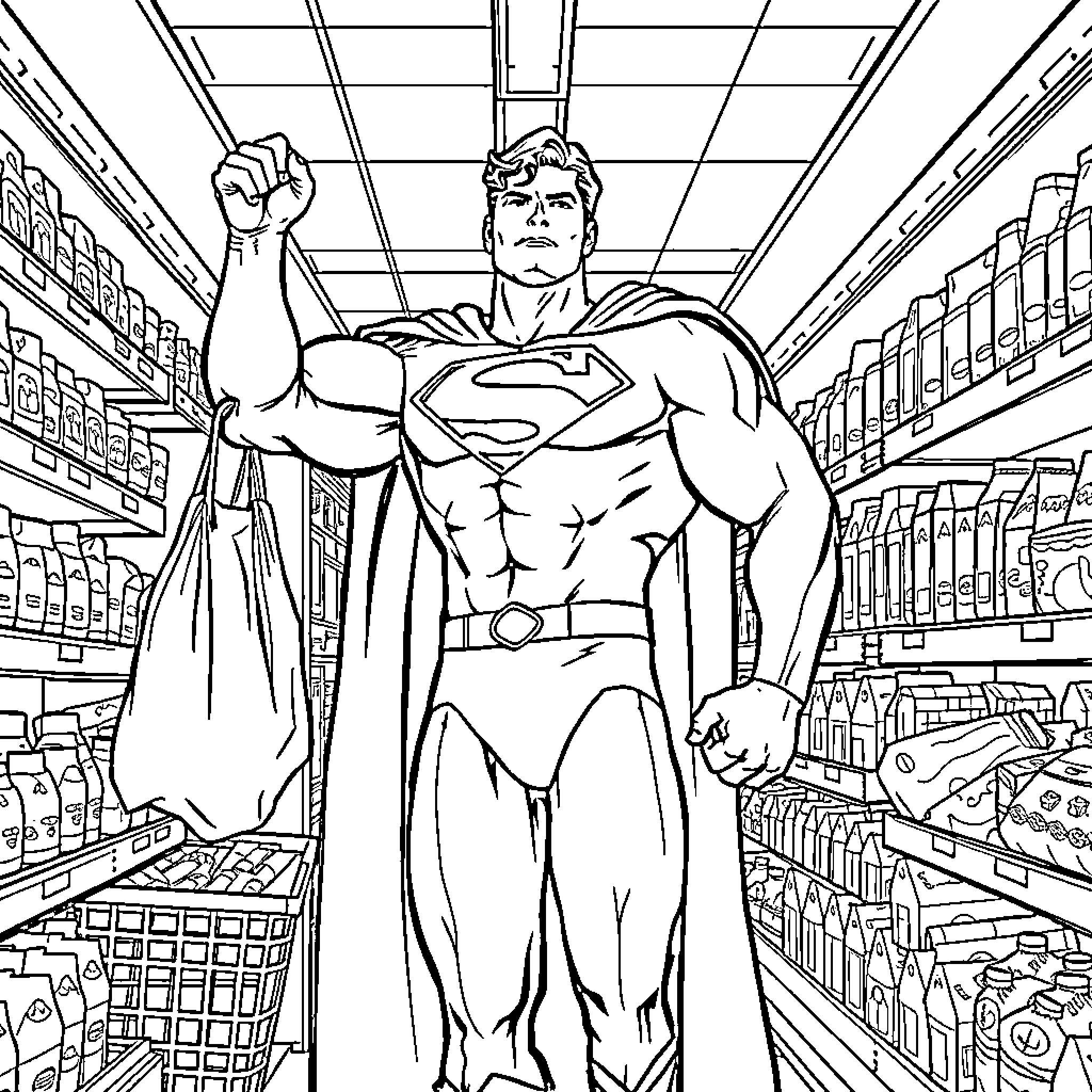 Superman Saving the Day in a Supermarket Coloring Page (free black-and-white line drawing printable PDF for all, from beginners to advanced learners, including children, teens, adults, and seniors)