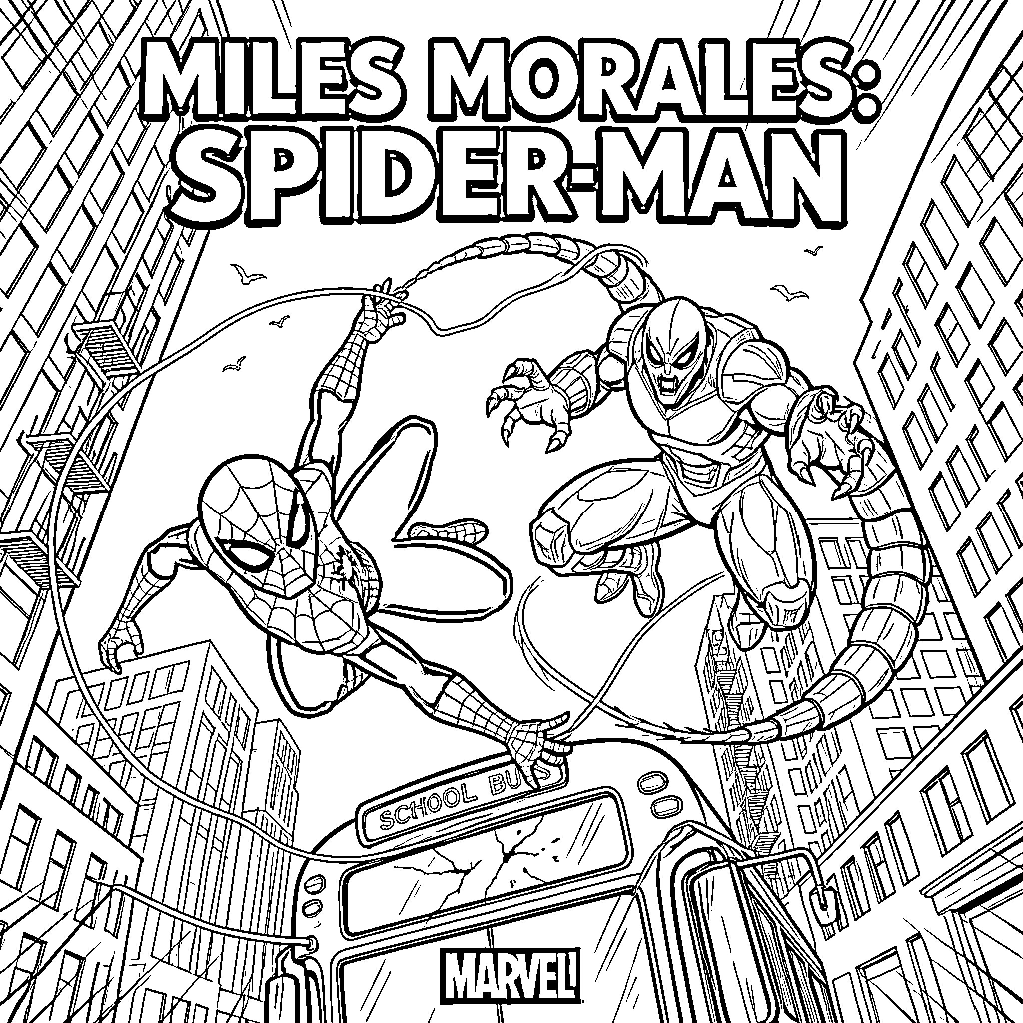 Miles Morales: Spider-Man in Action Swinging Through the City Coloring Page (free black-and-white line drawing printable PDF for all, from beginners to advanced learners, including children, teens, adults, and seniors)