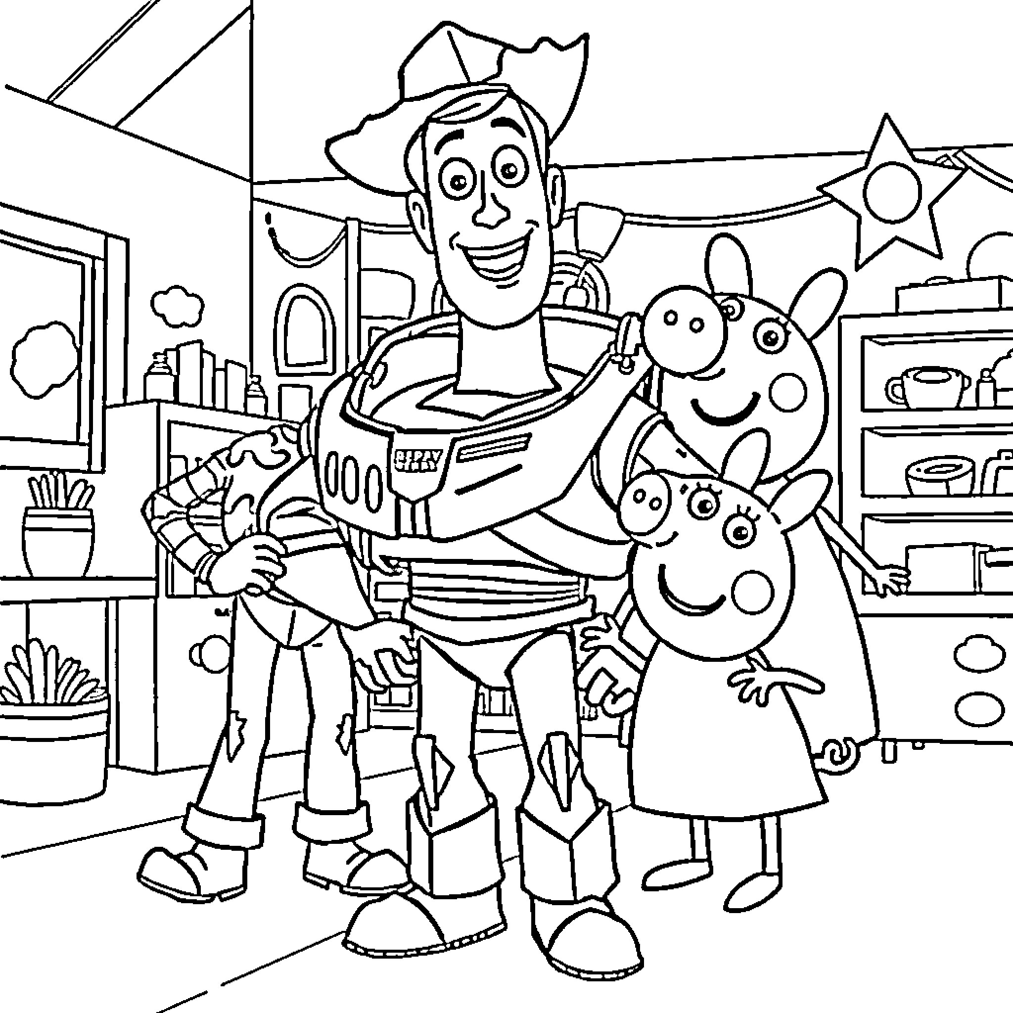 Woody's Friendly Adventure in the Toy Room Coloring Page (free black-and-white line drawing printable PDF for all, from beginners to advanced learners, including children, teens, adults, and seniors)