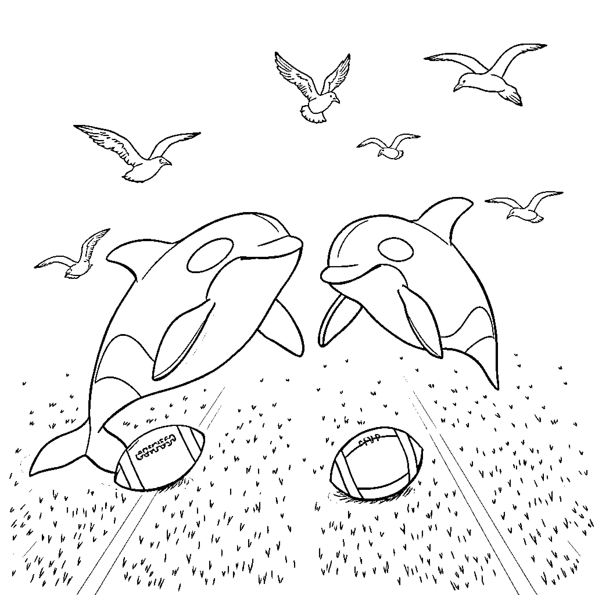 Orca hunting seabirds in a coastal scene Coloring Page (free black-and-white line drawing printable PDF for all, from beginners to advanced learners, including children, teens, adults, and seniors)