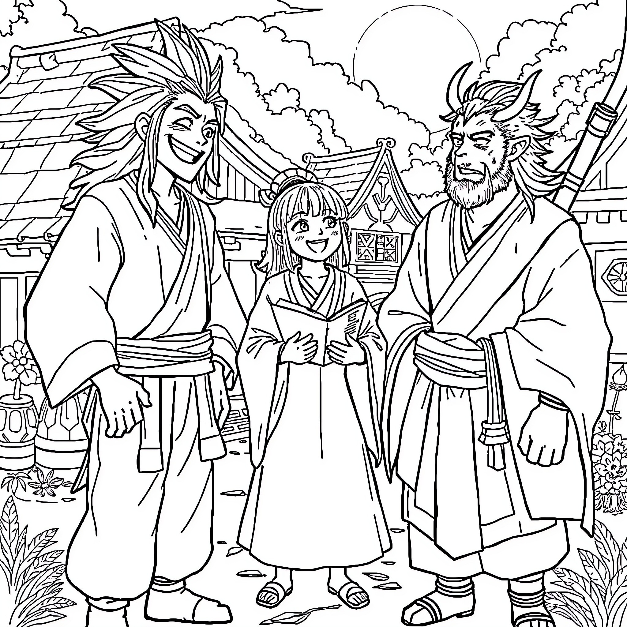 Tanjiro and companions in traditional Japanese attire Coloring Page (free black-and-white line drawing printable PDF for all, from beginners to advanced learners, including children, teens, adults, and seniors)