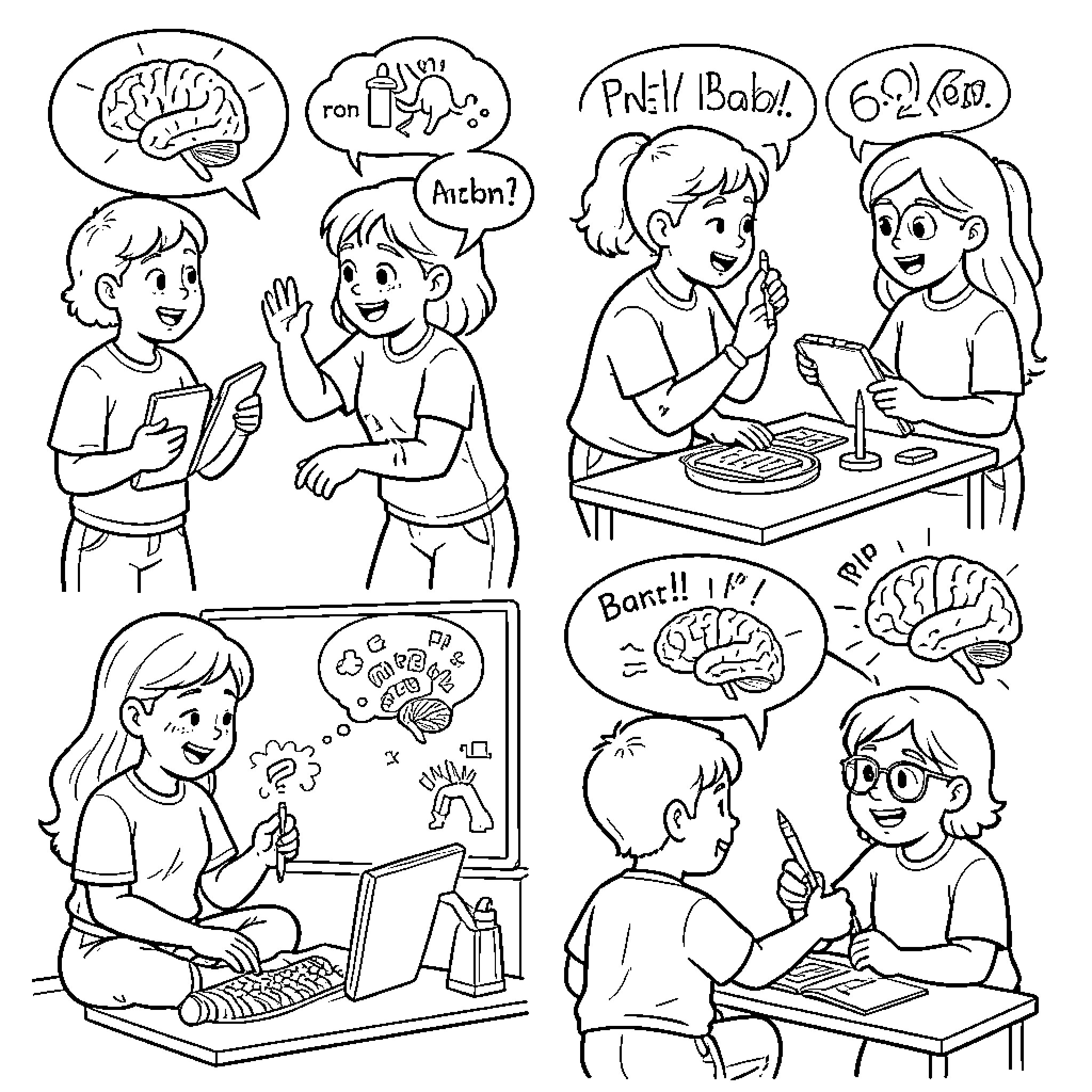 Brain thoughts and ideas shared during various learning activities Coloring Page (free black-and-white line drawing printable PDF for all, from beginners to advanced learners, including children, teens, adults, and seniors)