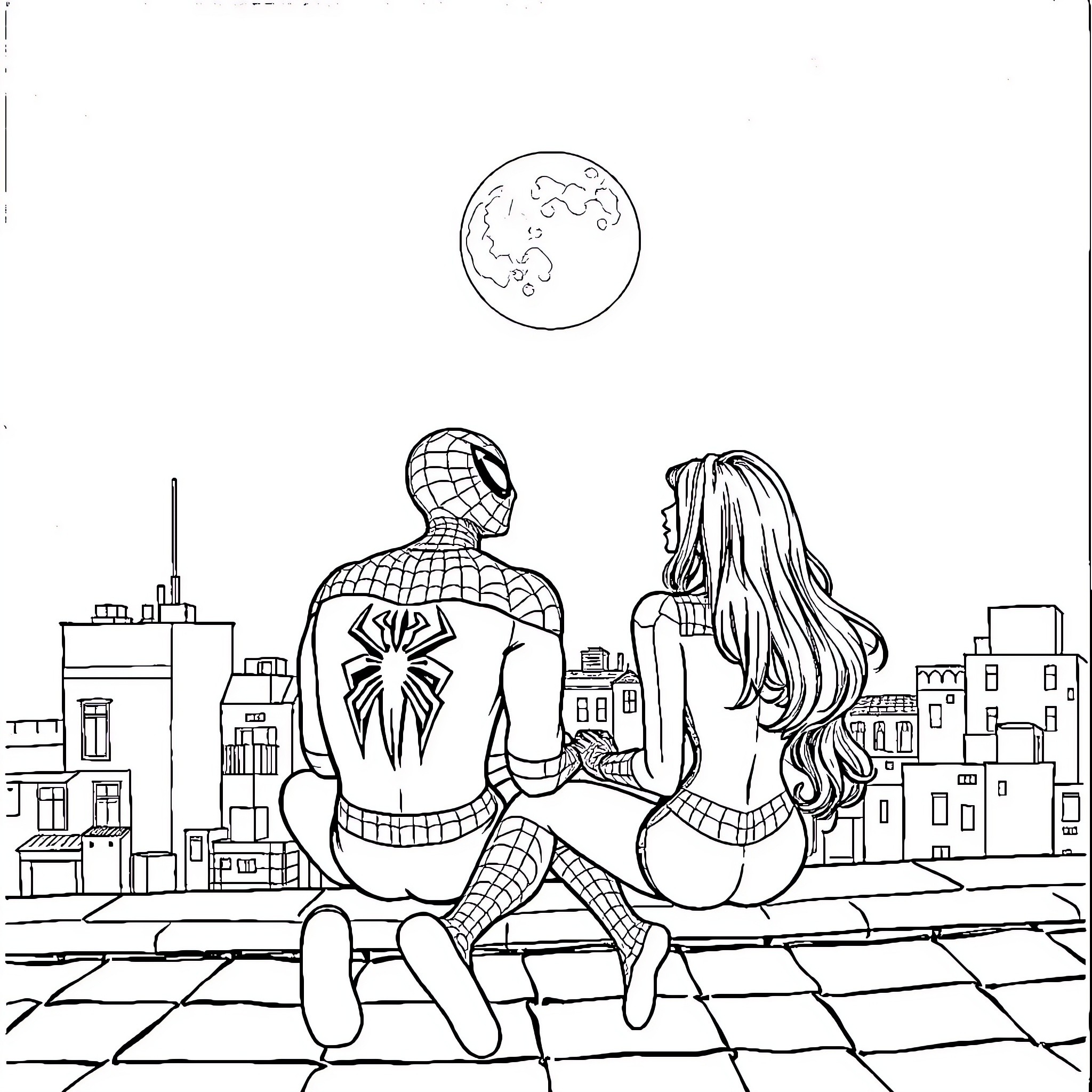 Spiderman with a female companion overlooking a city skyline Coloring Page (free black-and-white line drawing printable PDF for all, from beginners to advanced learners, including children, teens, adults, and seniors)