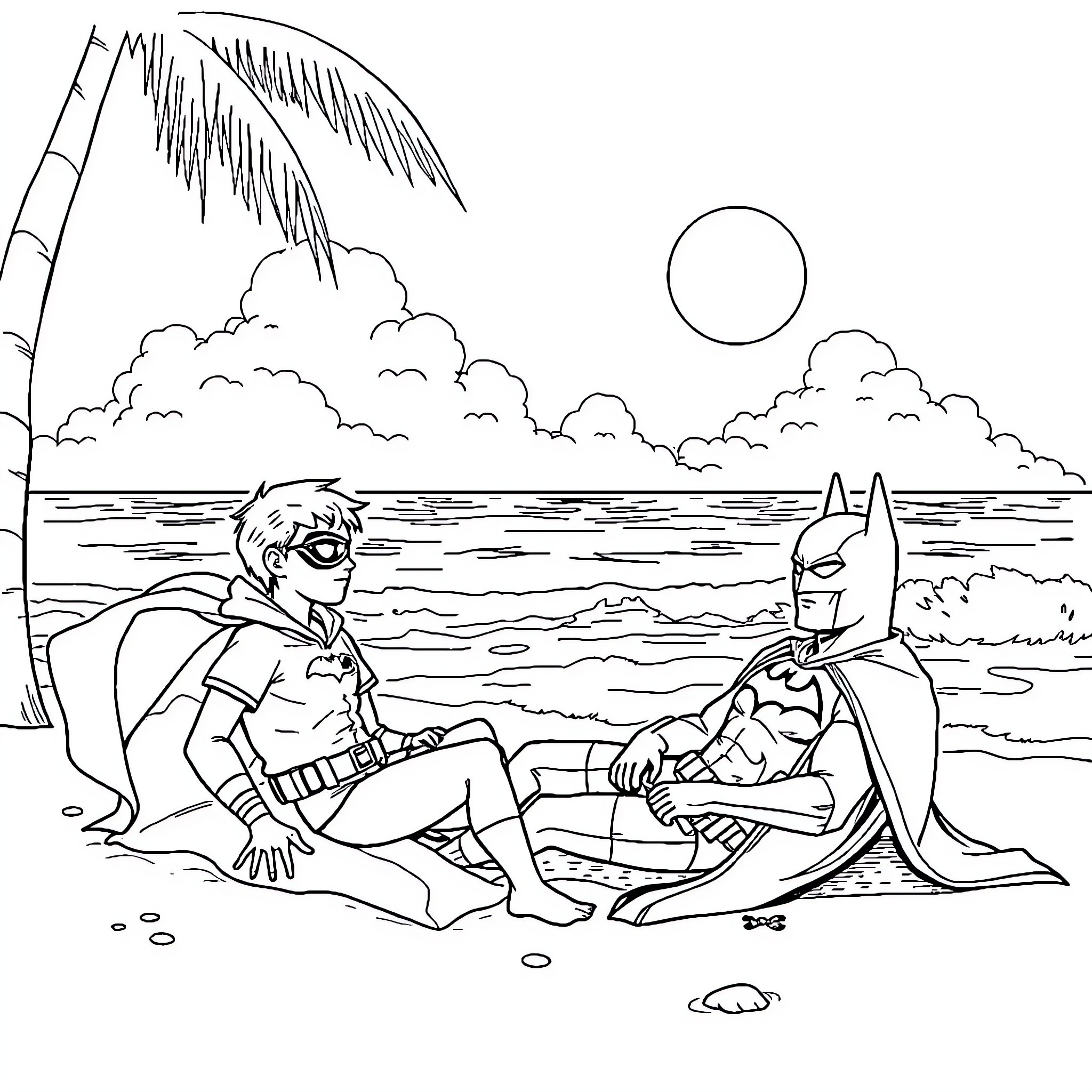 Robin and Batman relaxing on the beach Coloring Page (free black-and-white line drawing printable PDF for all, from beginners to advanced learners, including children, teens, adults, and seniors)