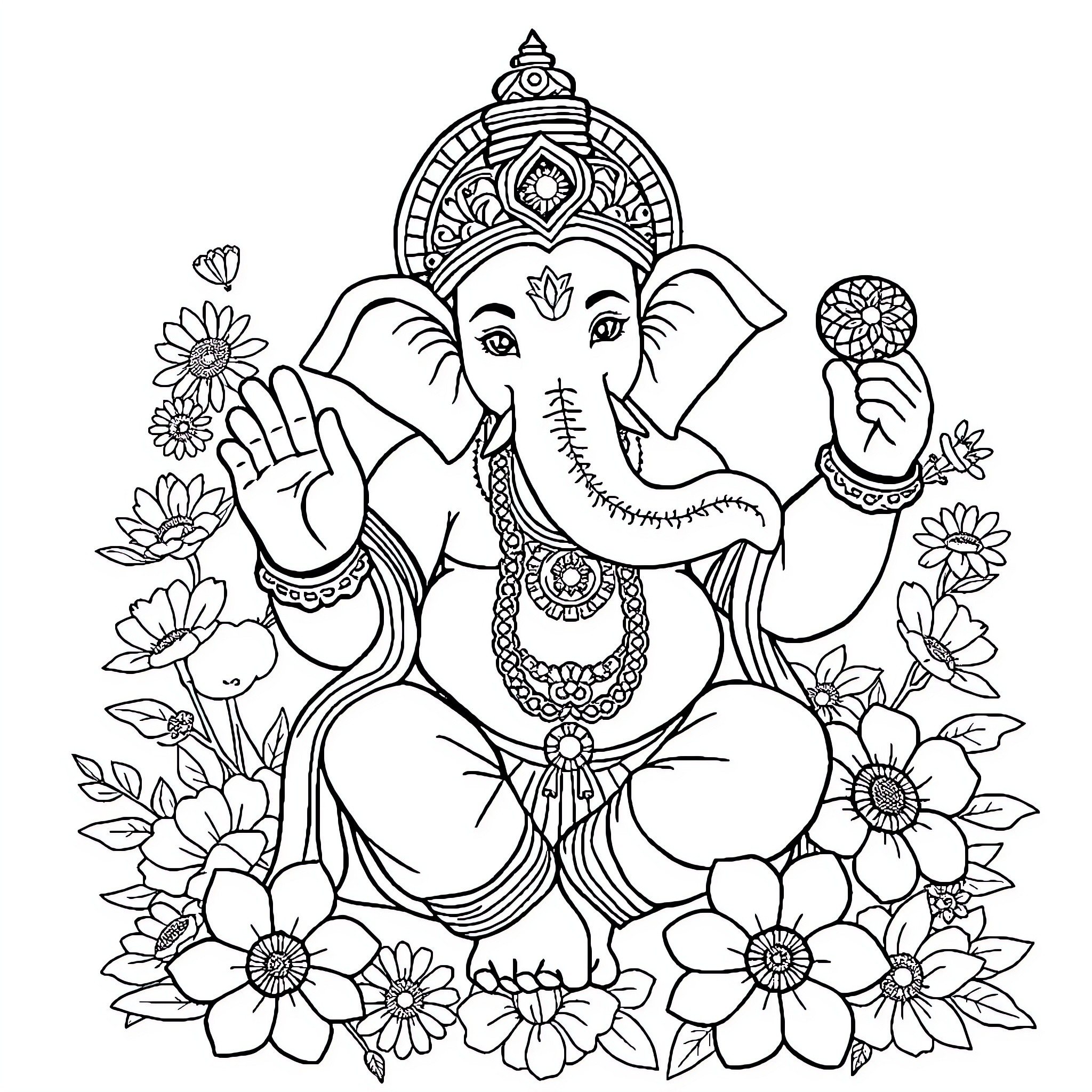 Ganesh amid floral abundance Coloring Page (free black-and-white line drawing printable PDF for all, from beginners to advanced learners, including children, teens, adults, and seniors)