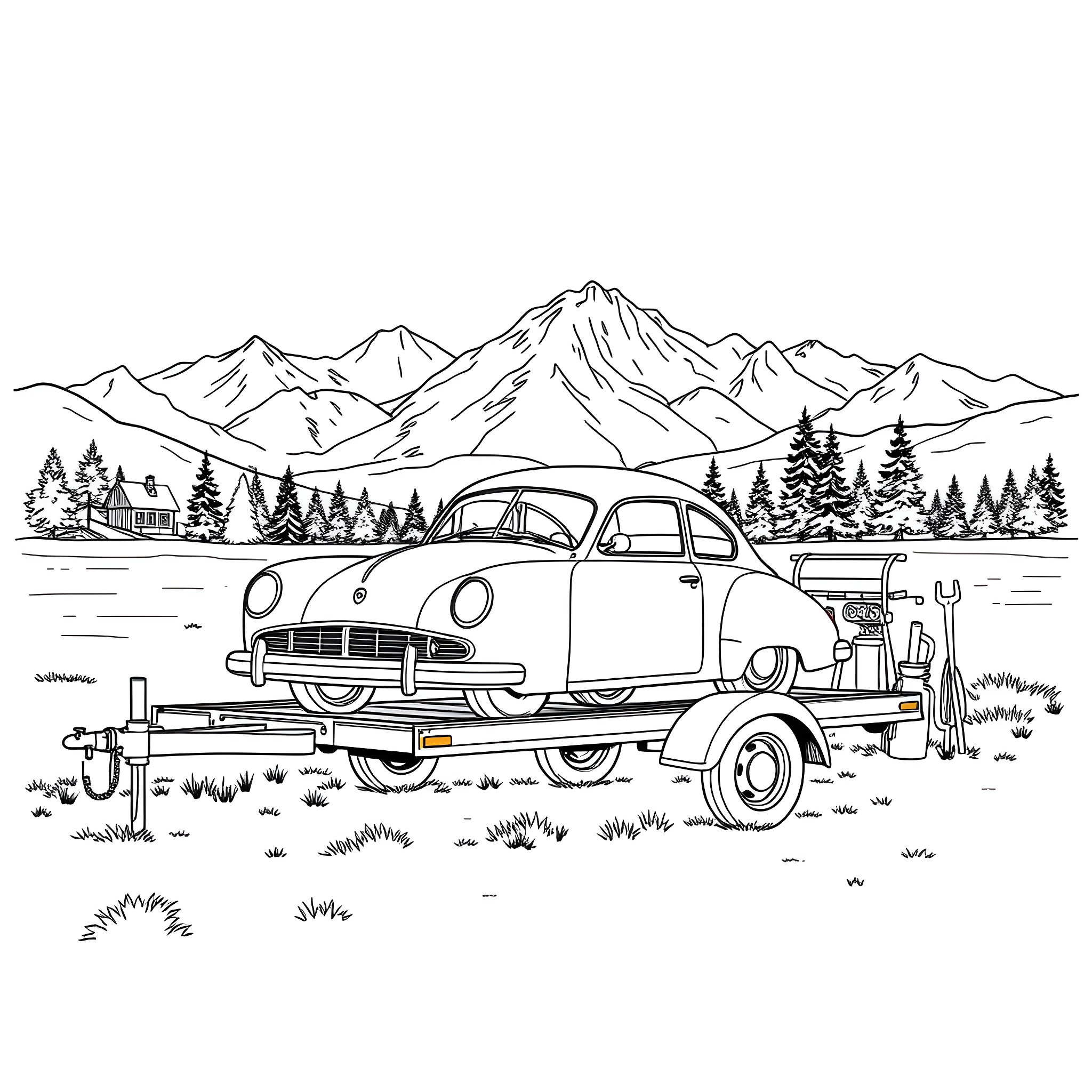 Car towing vintage automobile through snowy mountains Coloring Page (free black-and-white line drawing printable PDF for all, from beginners to advanced learners, including children, teens, adults, and seniors)