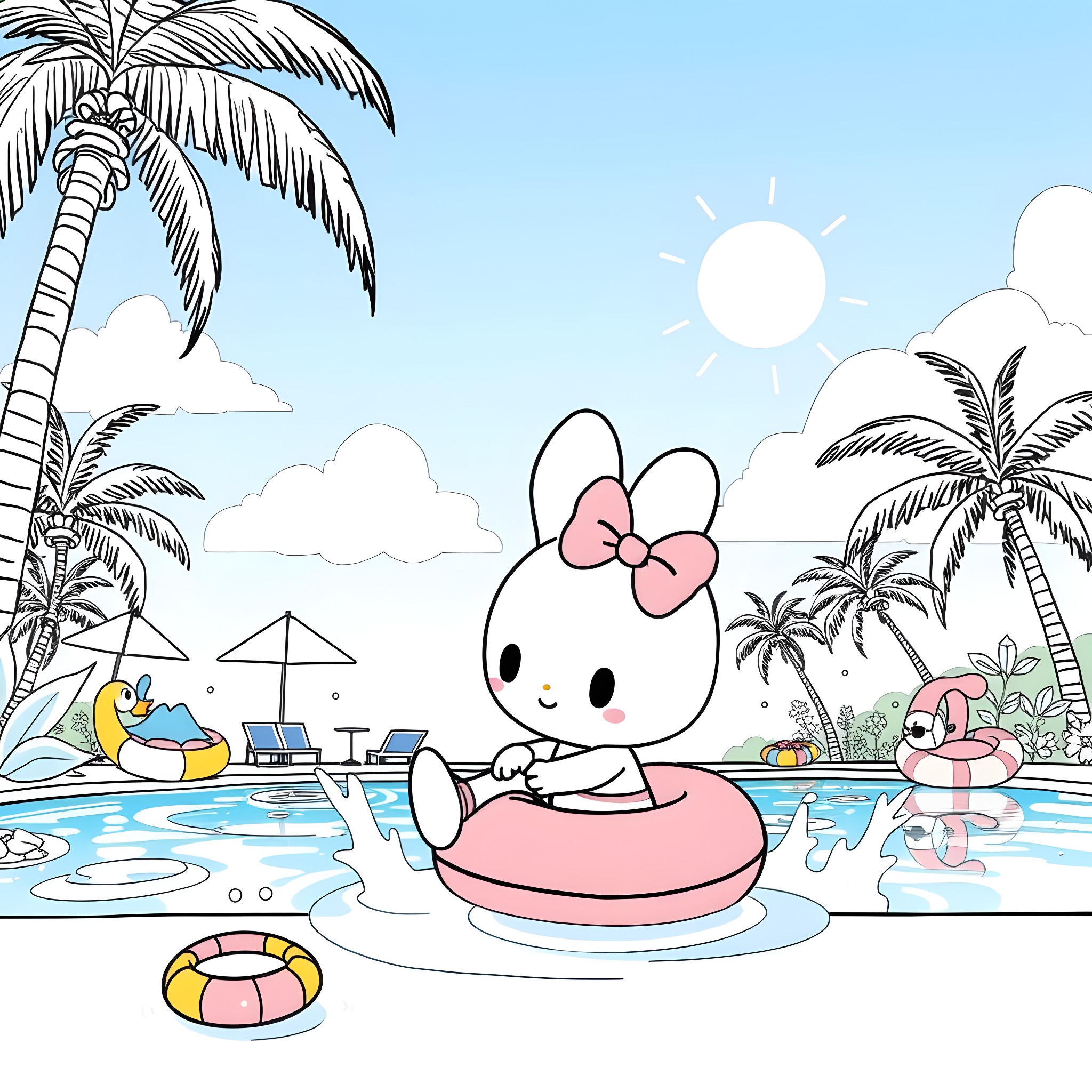 Melody's Tropical Pool Party Adventure Coloring Page (free black-and-white line drawing printable PDF for all, from beginners to advanced learners, including children, teens, adults, and seniors)