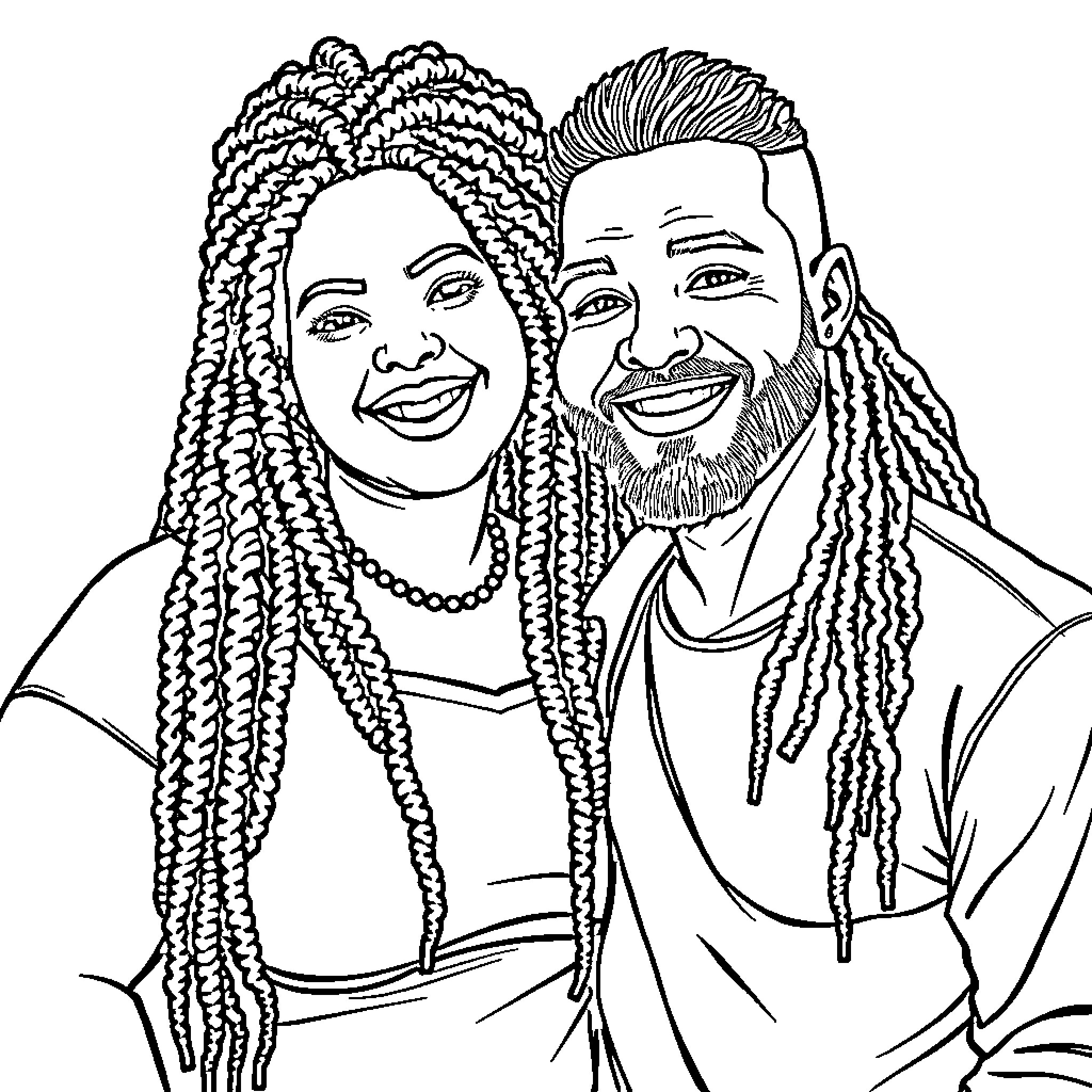 Couple embracing and smiling happily Coloring Page (free black-and-white line drawing printable PDF for all, from beginners to advanced learners, including children, teens, adults, and seniors)