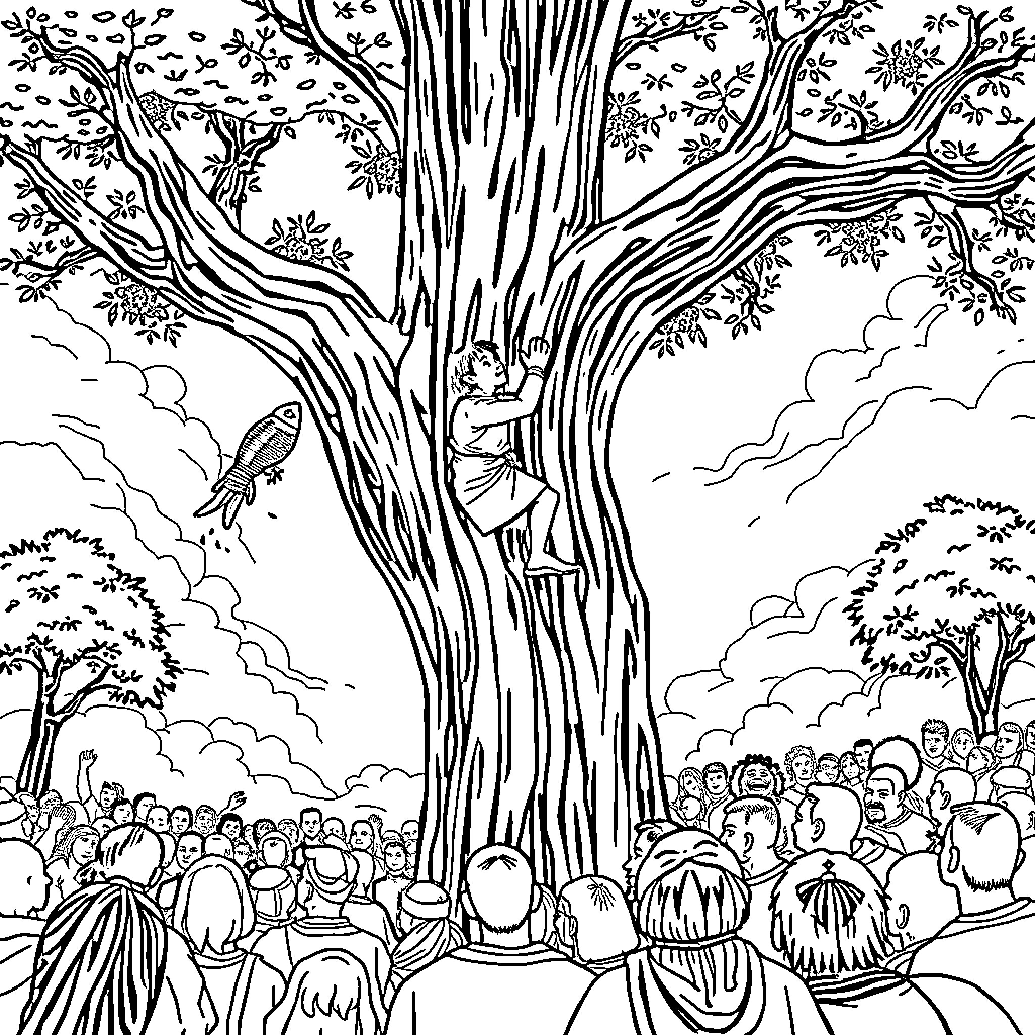 Zacheuss' Ascent: A Crowd Gathers to Witness Coloring Page (free black-and-white line drawing printable PDF for all, from beginners to advanced learners, including children, teens, adults, and seniors)