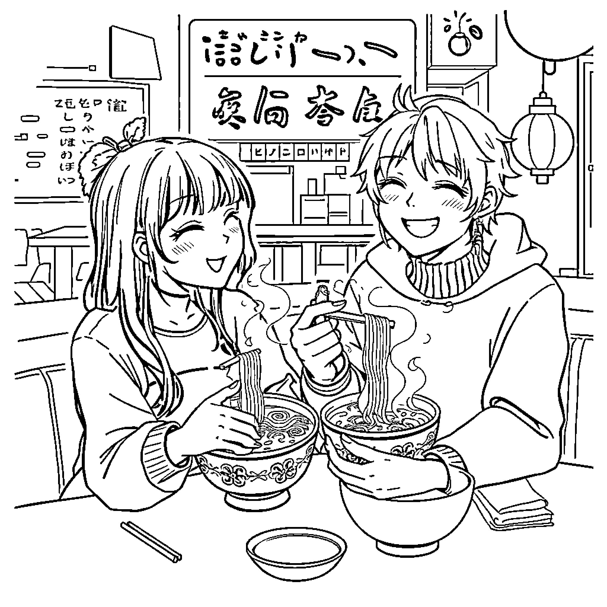 Rumi enjoying a cozy meal with a friend Coloring Page (free black-and-white line drawing printable PDF for all, from beginners to advanced learners, including children, teens, adults, and seniors)