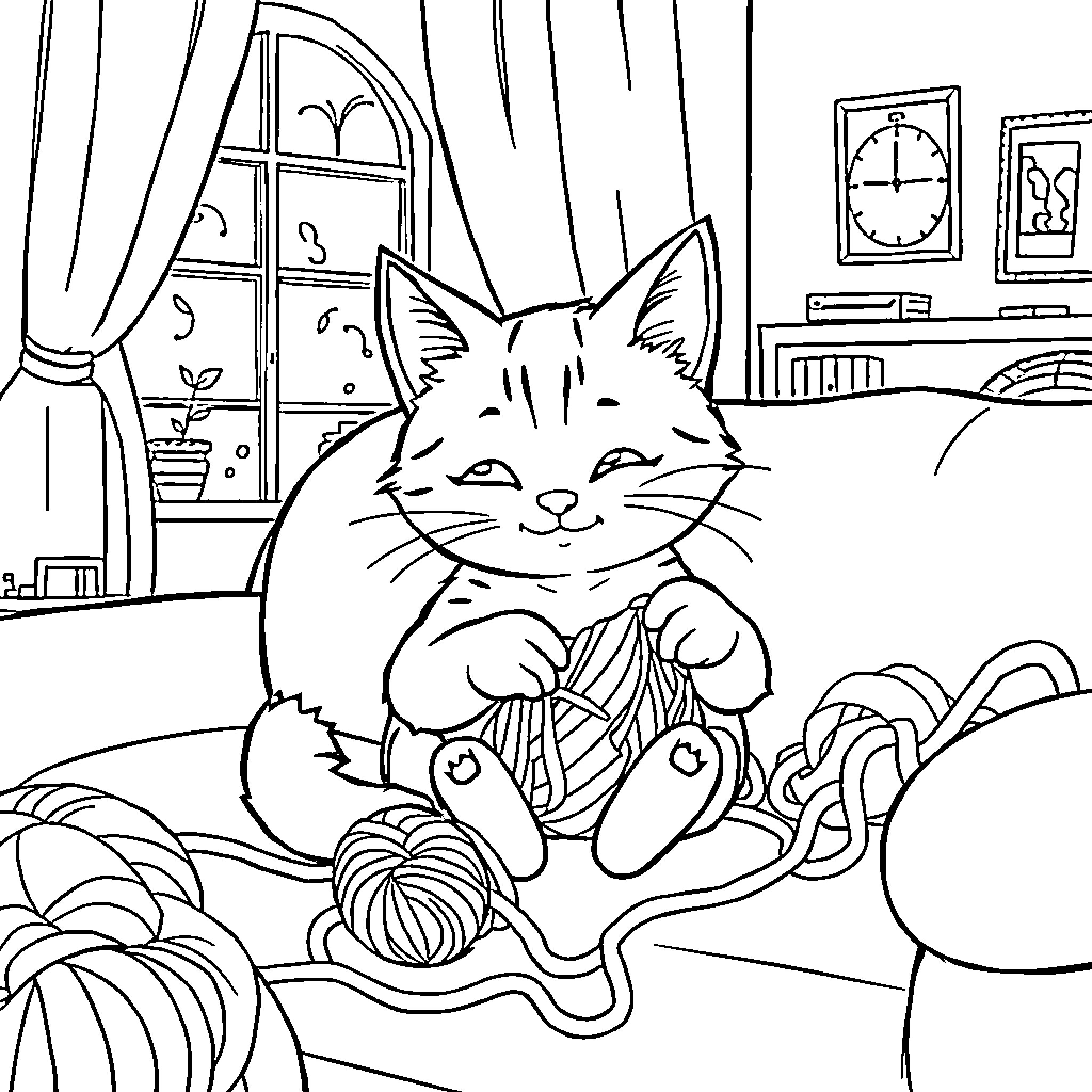 Cat playing with yarn in cozy room Coloring Page (free black-and-white line drawing printable PDF for all, from beginners to advanced learners, including children, teens, adults, and seniors)