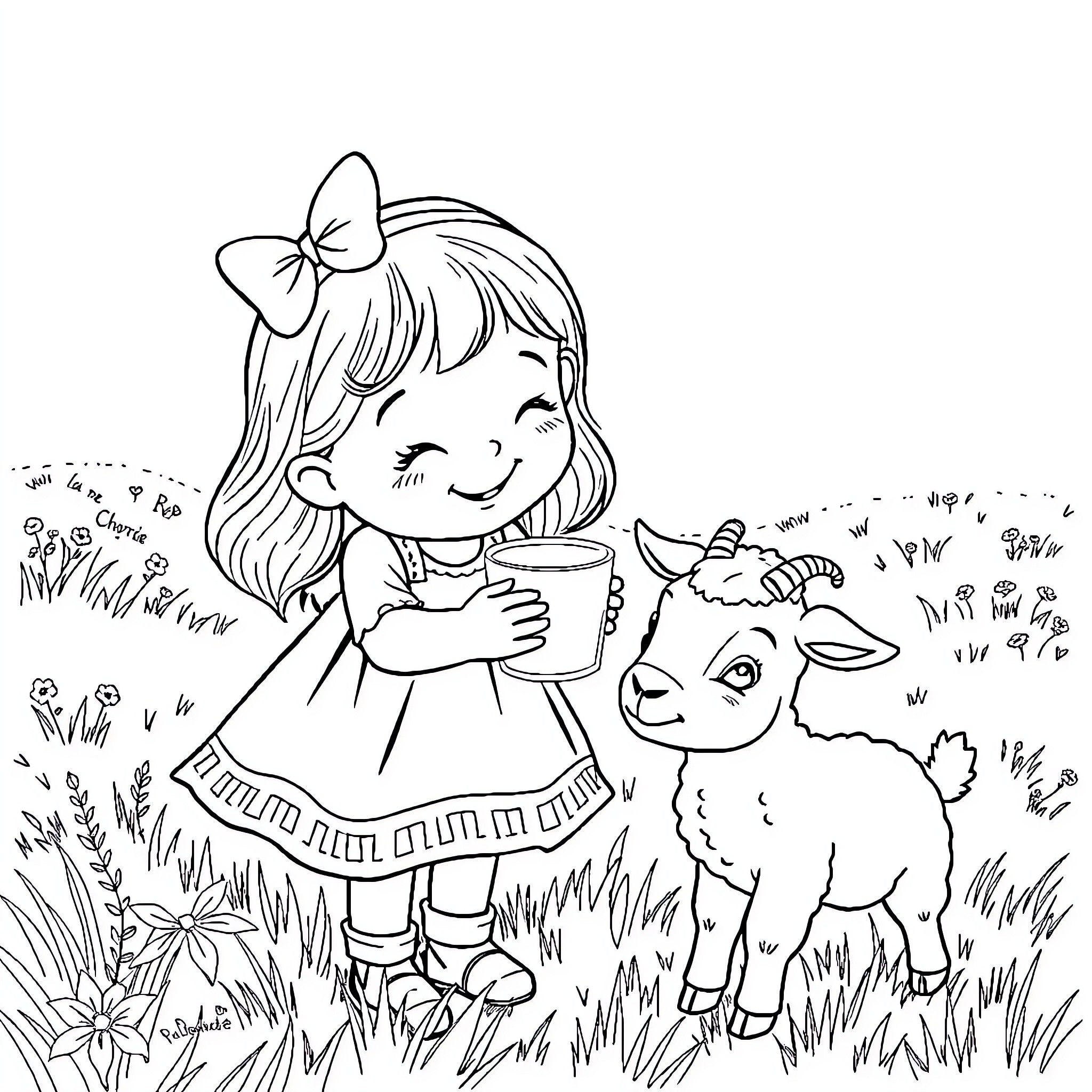 Girl happily feeding a baby lamb in a grassy field Coloring Page (free black-and-white line drawing printable PDF for all, from beginners to advanced learners, including children, teens, adults, and seniors)