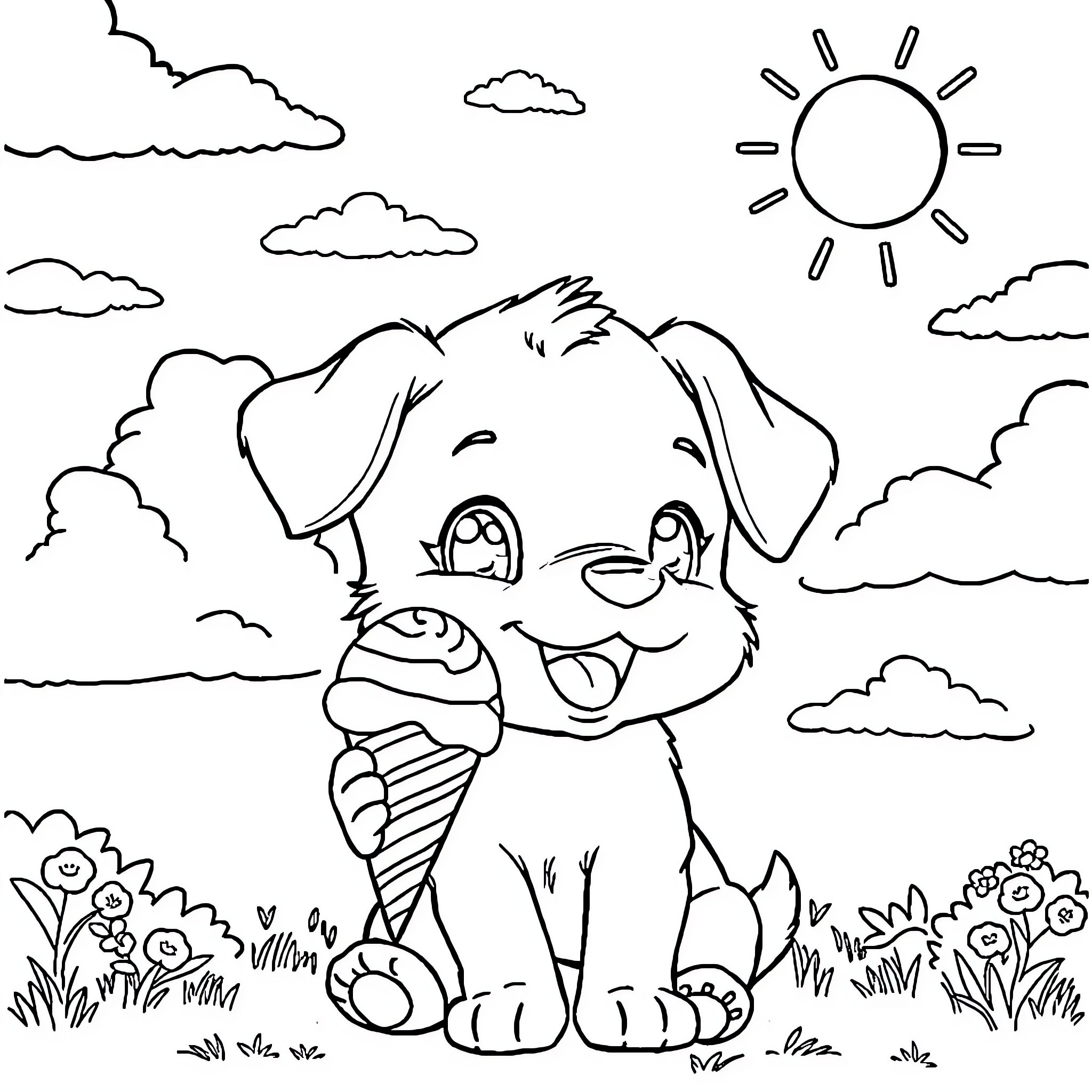 Puppy enjoying ice cream in the sunny park Coloring Page (free black-and-white line drawing printable PDF for all, from beginners to advanced learners, including children, teens, adults, and seniors)