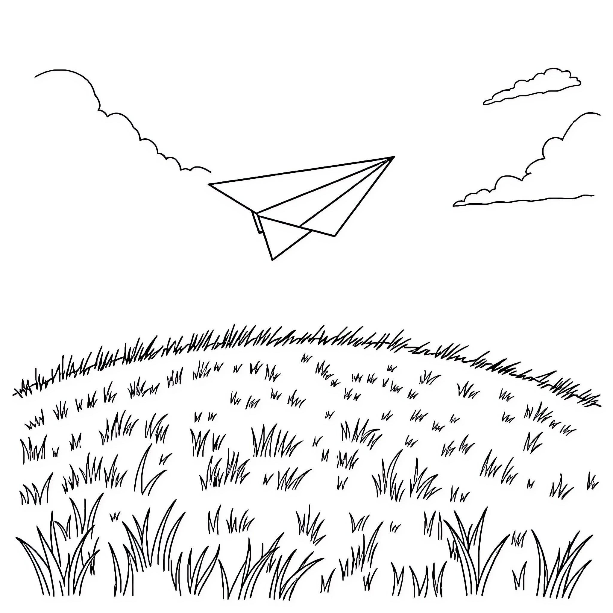 Paper Airplane Soaring Over Grassy Field Coloring Page (free black-and-white line drawing printable PDF for all, from beginners to advanced learners, including children, teens, adults, and seniors)