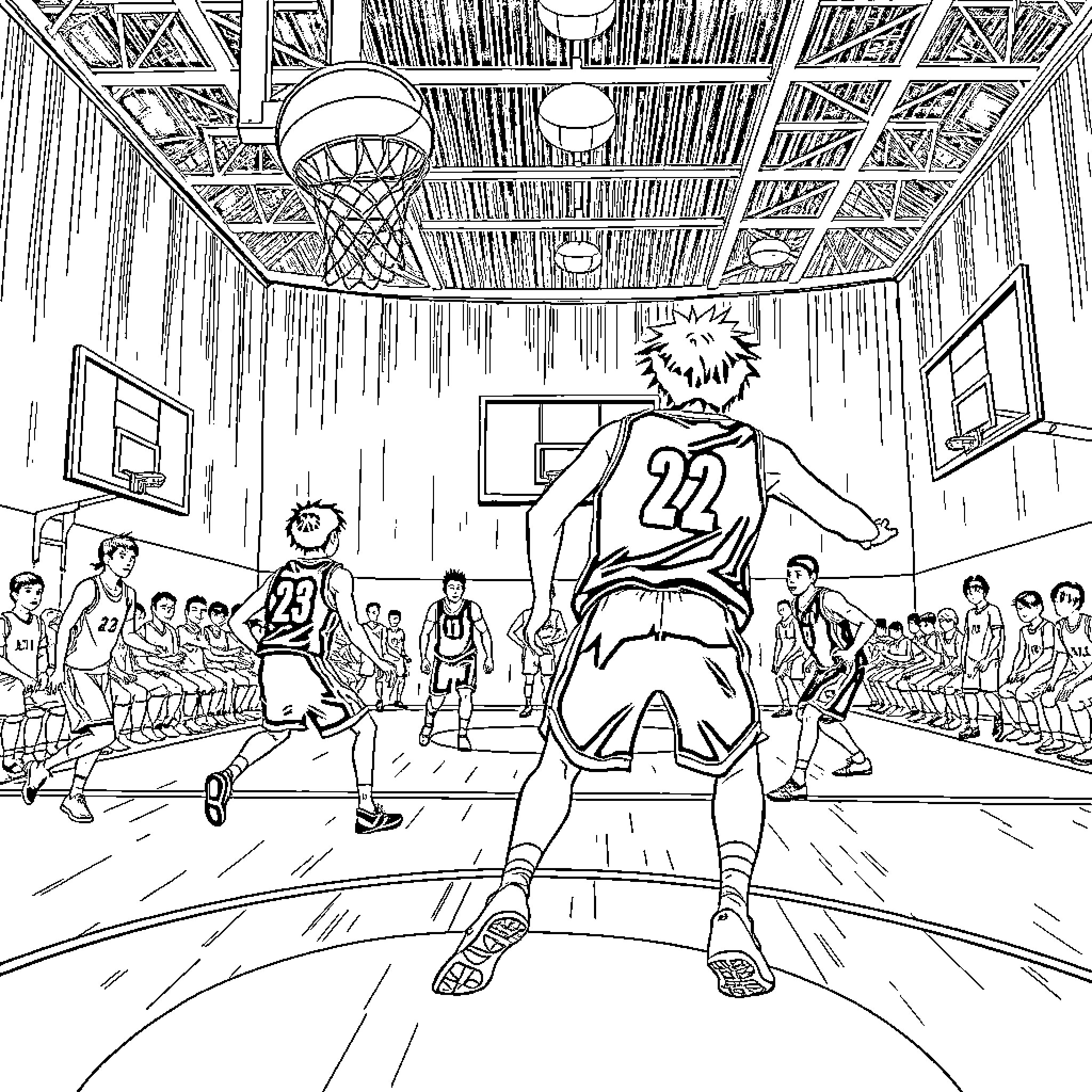Kuruko's Basketball Game Action Scenes Coloring Page (free black-and-white line drawing printable PDF for all, from beginners to advanced learners, including children, teens, adults, and seniors)
