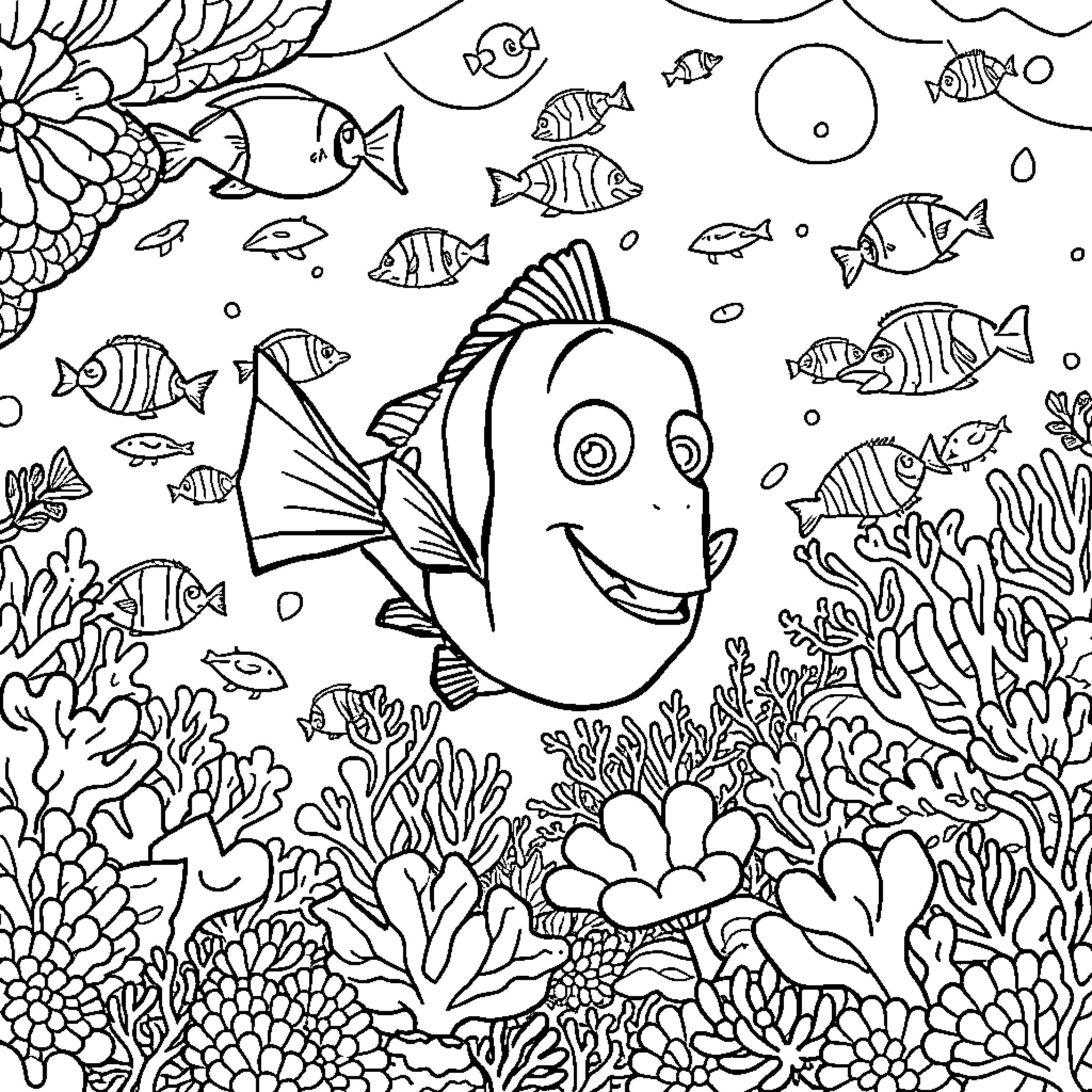 Nemo swimming happily in the underwater coral reef Coloring Page (free black-and-white line drawing printable PDF for all, from beginners to advanced learners, including children, teens, adults, and seniors)