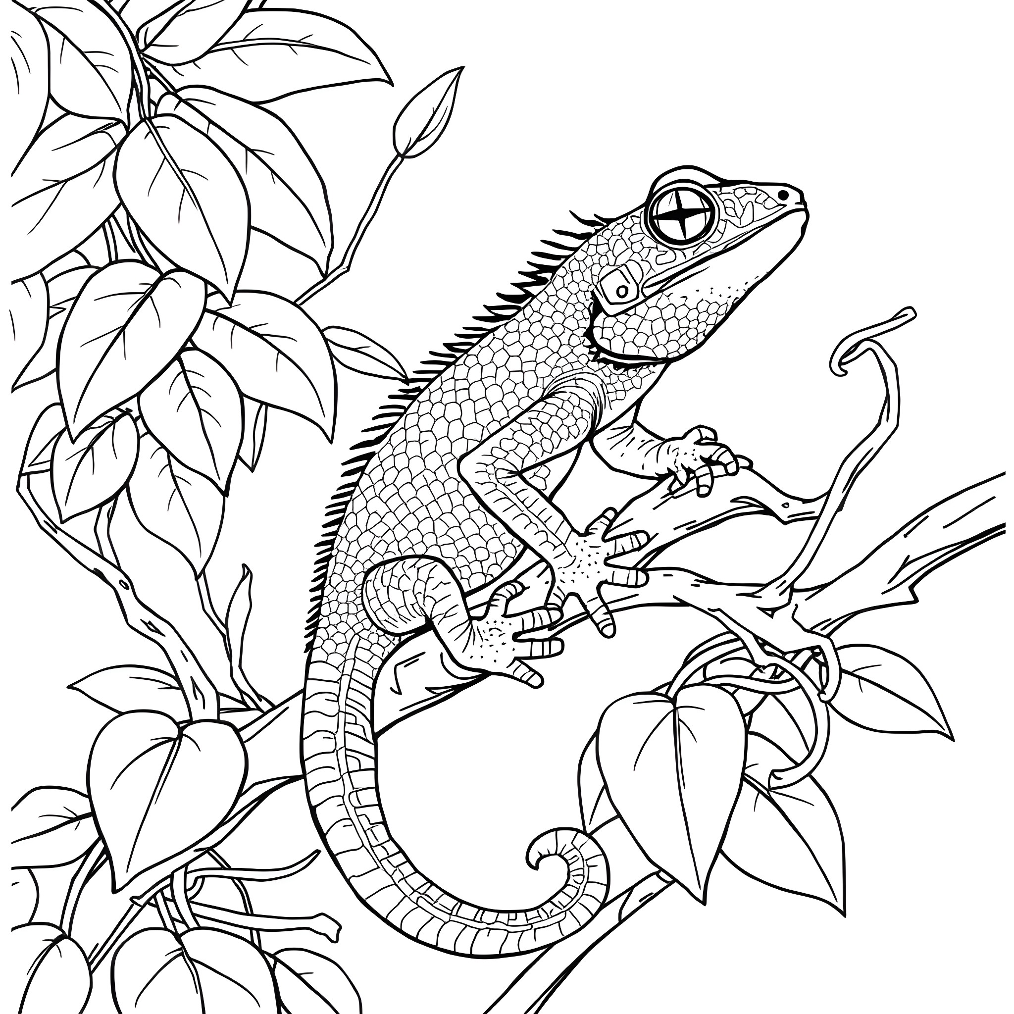 Gecko in Nature's Embrace Coloring Page (free black-and-white line drawing printable PDF for all, from beginners to advanced learners, including children, teens, adults, and seniors)