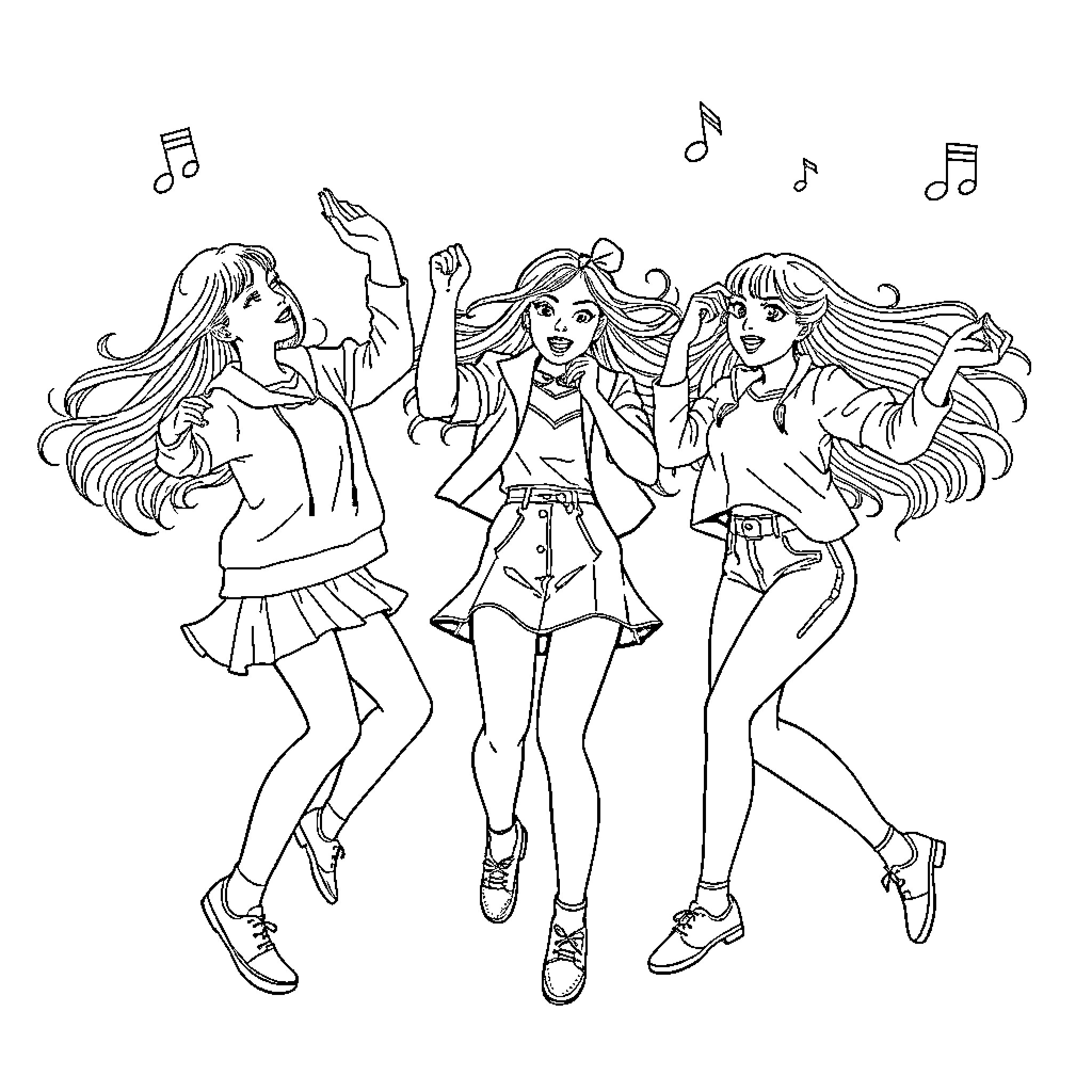 Rumi and her friends having a musical dance party Coloring Page (free black-and-white line drawing printable PDF for all, from beginners to advanced learners, including children, teens, adults, and seniors)