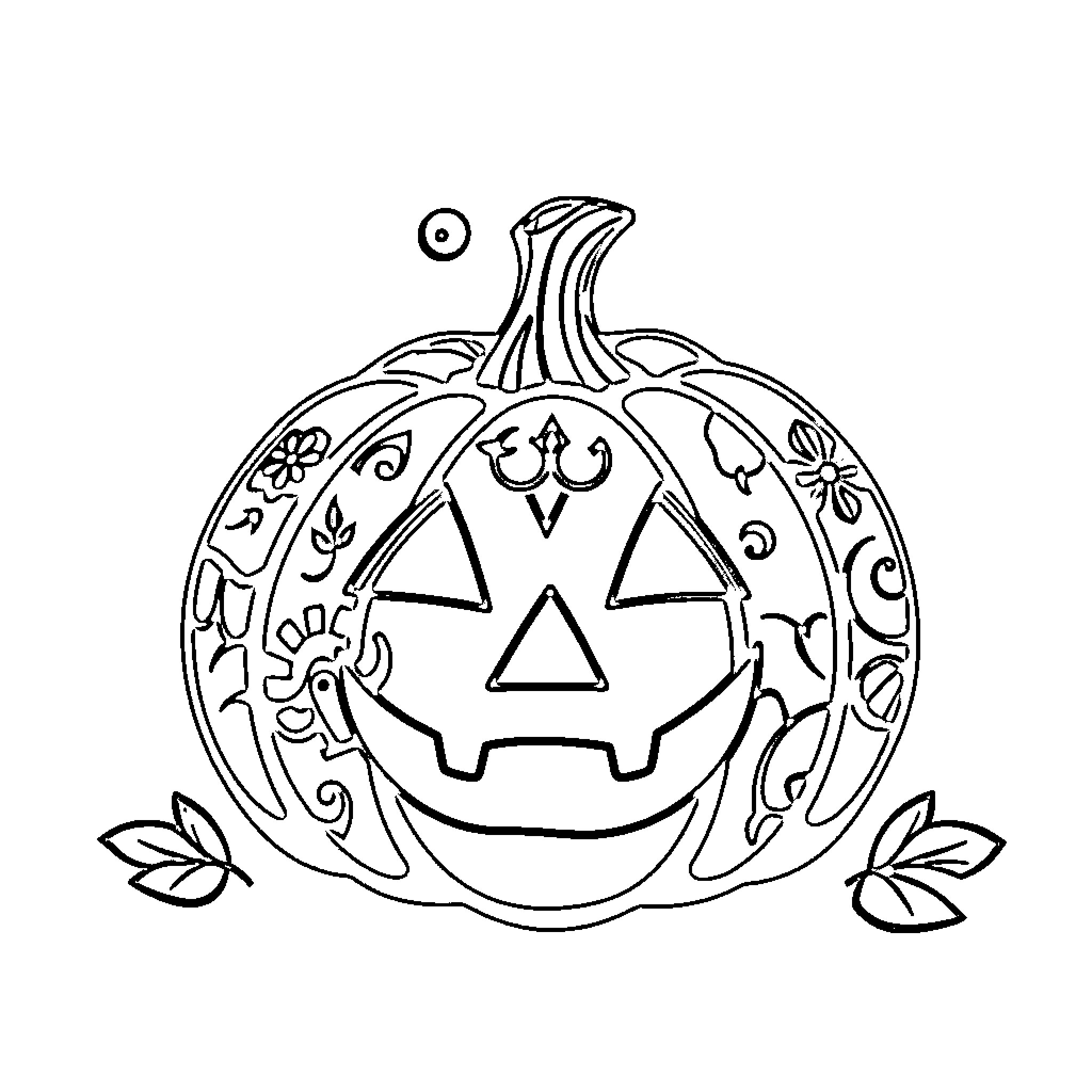 Pumpkin with Ornate Carved Design Coloring Page (free black-and-white line drawing printable PDF for all, from beginners to advanced learners, including children, teens, adults, and seniors)
