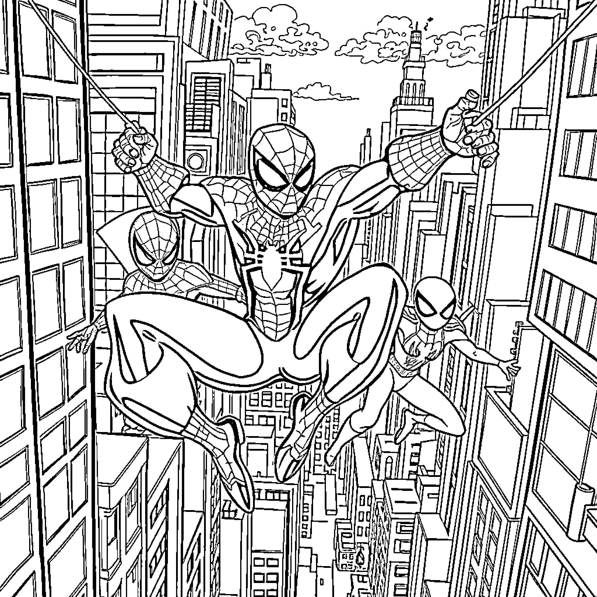 Spidey's Heroic Leap Through the City Skyline Coloring Page (free black-and-white line drawing printable PDF for all, from beginners to advanced learners, including children, teens, adults, and seniors)