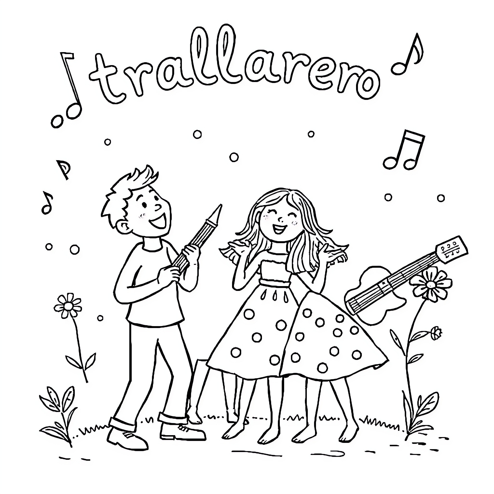 Trallalero musical duo playing happily in the garden Coloring Page (free black-and-white line drawing printable PDF for all, from beginners to advanced learners, including children, teens, adults, and seniors)