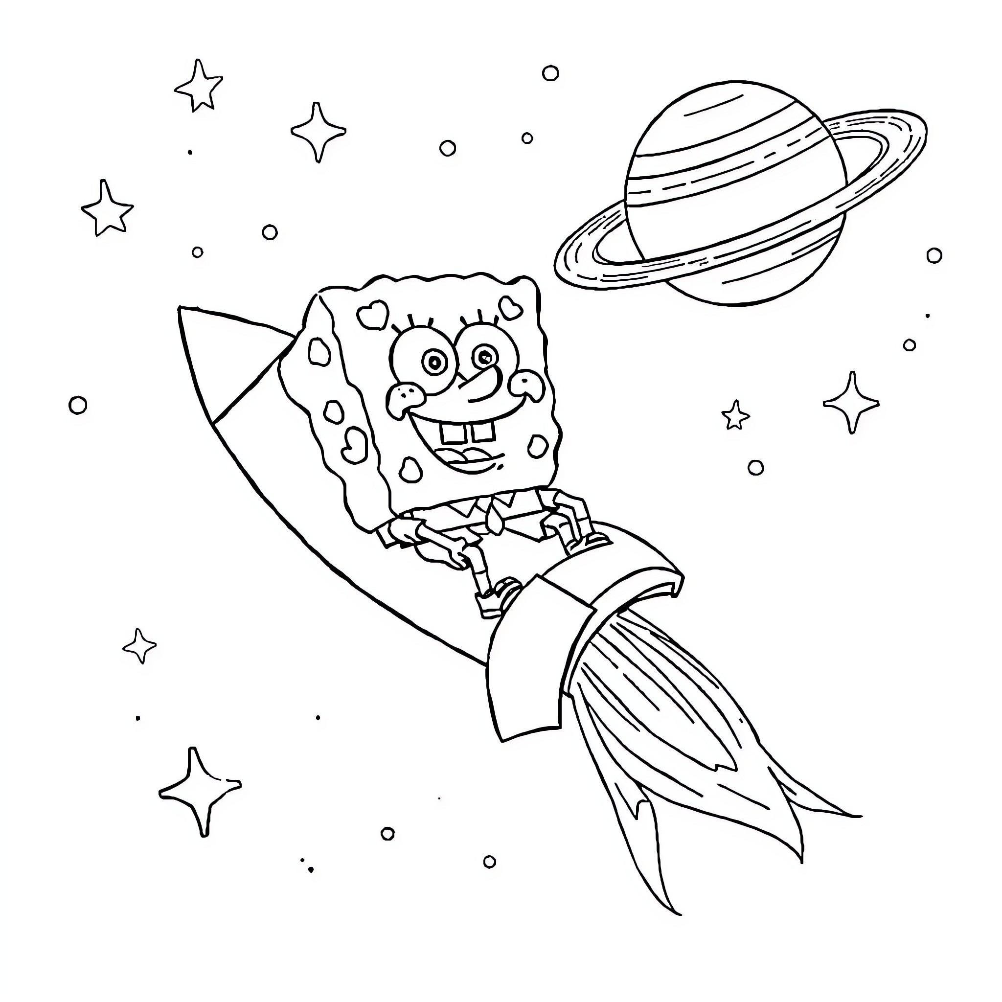 Spongebob's Cosmic Adventure in Space Coloring Page (free black-and-white line drawing printable PDF for all, from beginners to advanced learners, including children, teens, adults, and seniors)